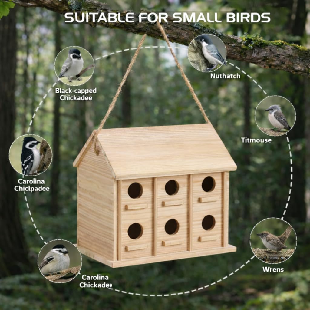 Bird Houses for Outside, 12 Hole Wooden Bird House for 12 Bird Families, Large Hanging Birdhouse Nesting Box for Wren Finch Bluebirds, Outdoor Garden Bird Hotel