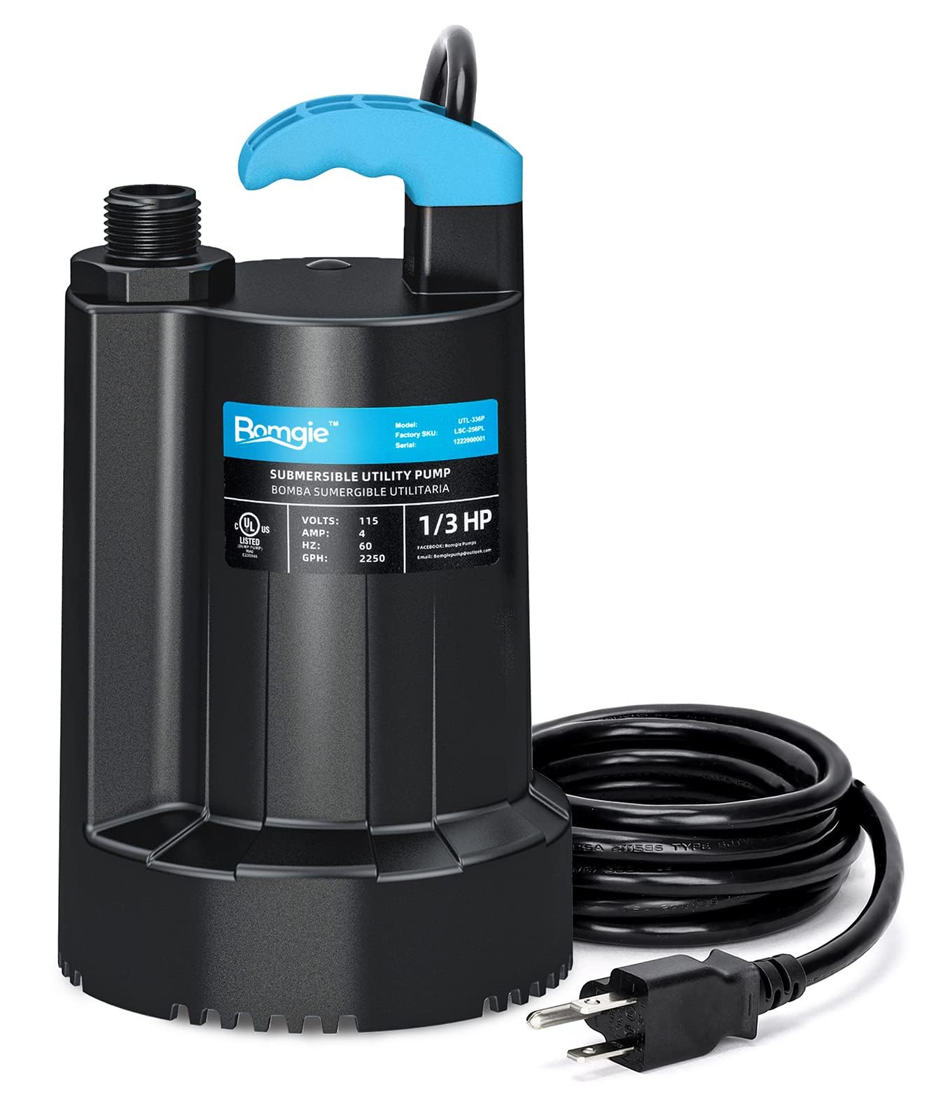 BOMGIE 1/3 HP Submersible Water Pump, 2250GPH Thermoplastic Sump Pump Basement Portable Electric Utility Water Pump Removal for Pool Draining Basement Hot Tubs Garden Pool Cover Pond