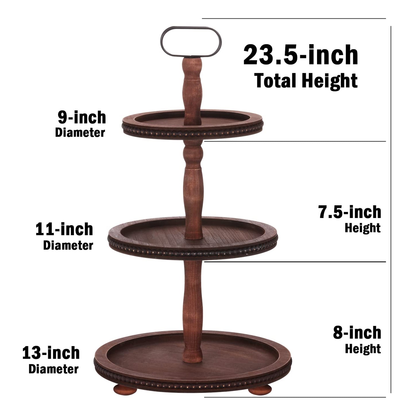 Urban Deco Wooden Tiered Tray 3-Tier Decorative Tray Stand Farmhouse Serving Tray, Round Wooden Cupcake Display Stand with Metal Handle, Brown Tiered Fruits Tray for Home Party Decorations