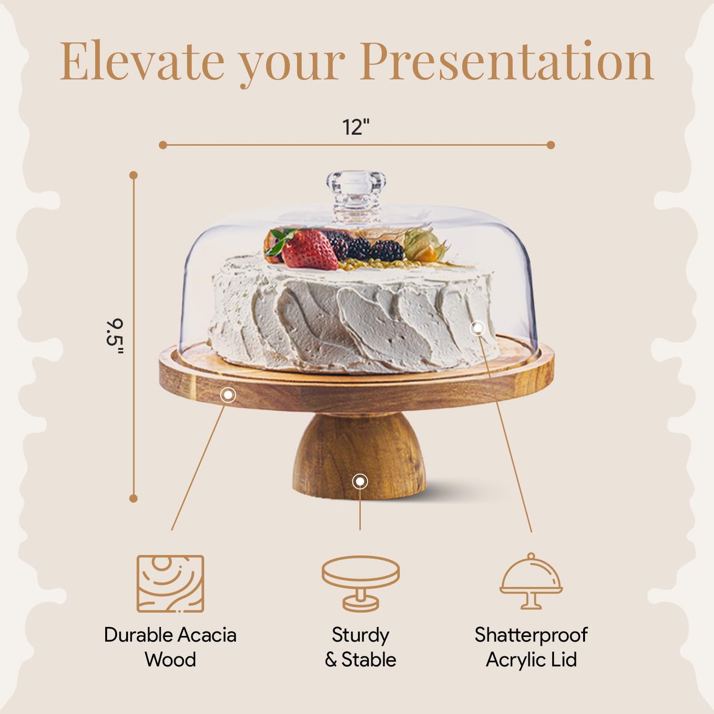 HOMESPHERE Acacia Wood Cake Stand with Lid - Cake Stand with Dome,12in Round Cake Holder, 2-in-1 Dessert Table Display Set & Charcuterie Board for Cheese, Chips & Dips, Fruit Platter, Large Acrylic Cake Dome Cover
