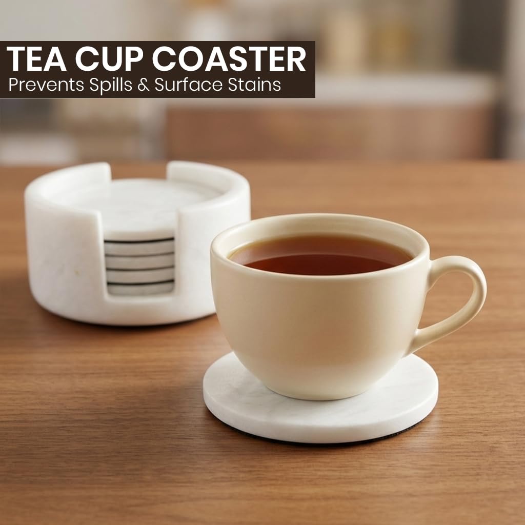 Marble Coasters Set of 6 with Holder, 3.5 Inch Round Drink Coasters for Tabletop and Coffee Table Decor, White
