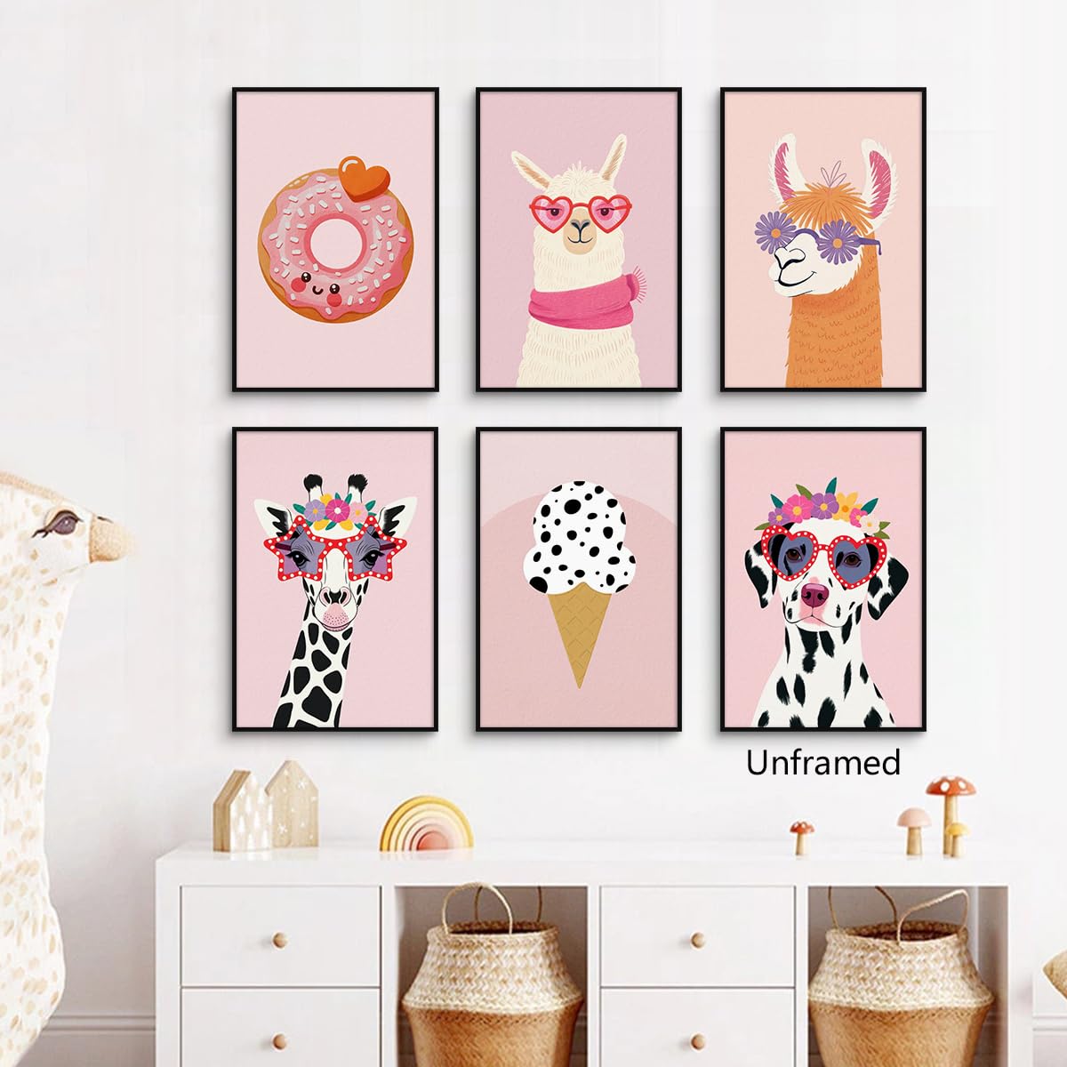 6pcs Pastel Pink Nursery Canvas Wall Art, Fashion Sunglasses Wearing Animal Poster, Cute Dog Giraffe Alpaca Kis Room Picture, Playful Ice Cream & Donut Print for Girls Playroom 8x12in Unframed
