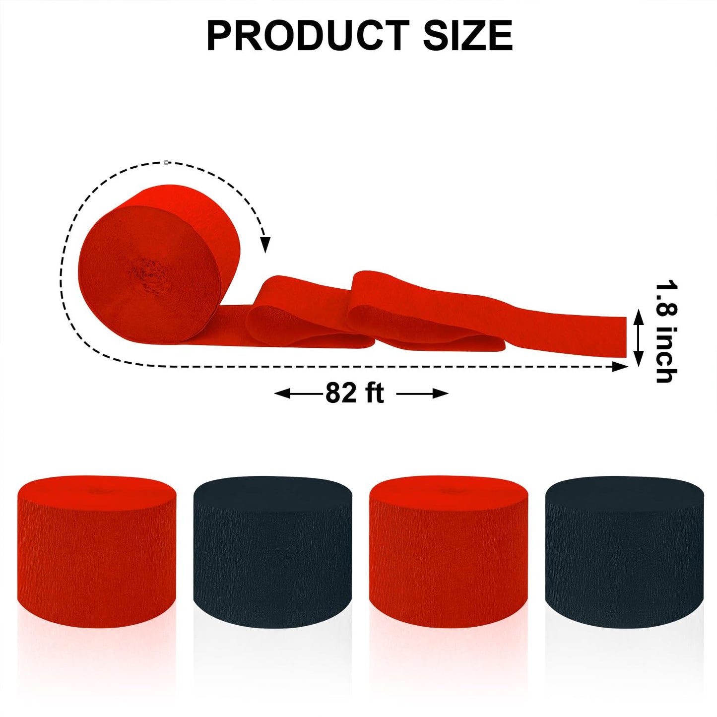 4 Crepe Paper Streamers Rolls, 328ft Pack of Red and Black Crepe Paper for Birthday Wedding Baby Shower Party Decorations (1.8 inch x 82 ft/Roll)