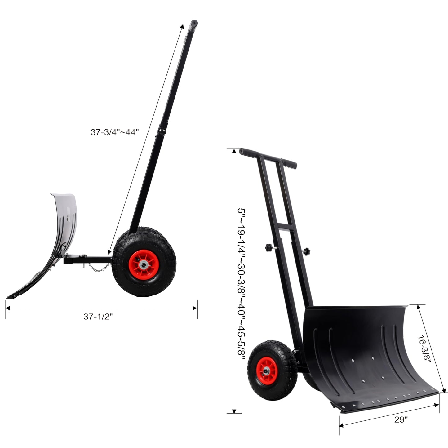 Heavy-Duty Snow Shovel with Wheels, 30" Wide Metal Snow Pusher with Adjustable Height & Angle Handle, Carbon Steel Blade, Ergonomic Double-Rod Design for Driveway, Sidewalk, and Path Snow Removal