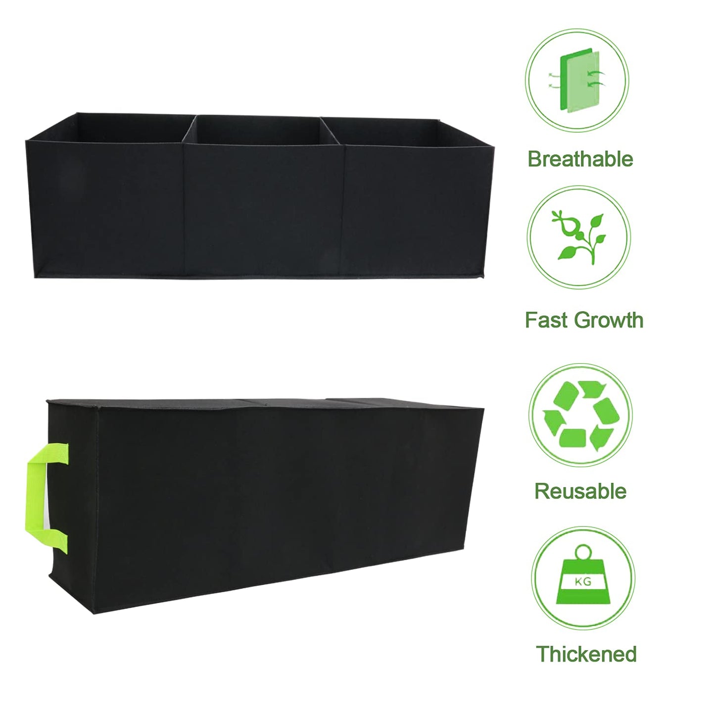 Auroal 15 Gallon Grow Bags 2 Pack, 3 Compartments Rectangle Raised Planting Bags, 400g Heavy Duty Nonwoven Fabric Planter Pots for Vegetable Tomato Herb Flower Indoor Outdoor Gardening(Black)