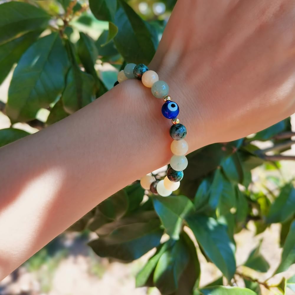 DLYFNVEV Money Attraction Bracelet Wealth Luck Fengshui Green Aventurine Evil Eye Protection Beaded Healing Crystal Natural Stone Jewelry Gifts For Women Yellow Topaz African Turquoise