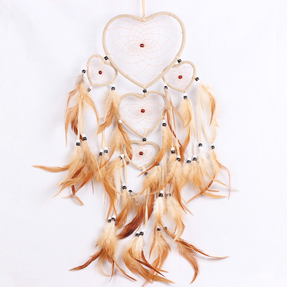 WESTONETEK Large Handmade Dream Catcher Traditional Dreamcatcher Feather Wall Hanging Decoration Ornaments Five Hearts Beige