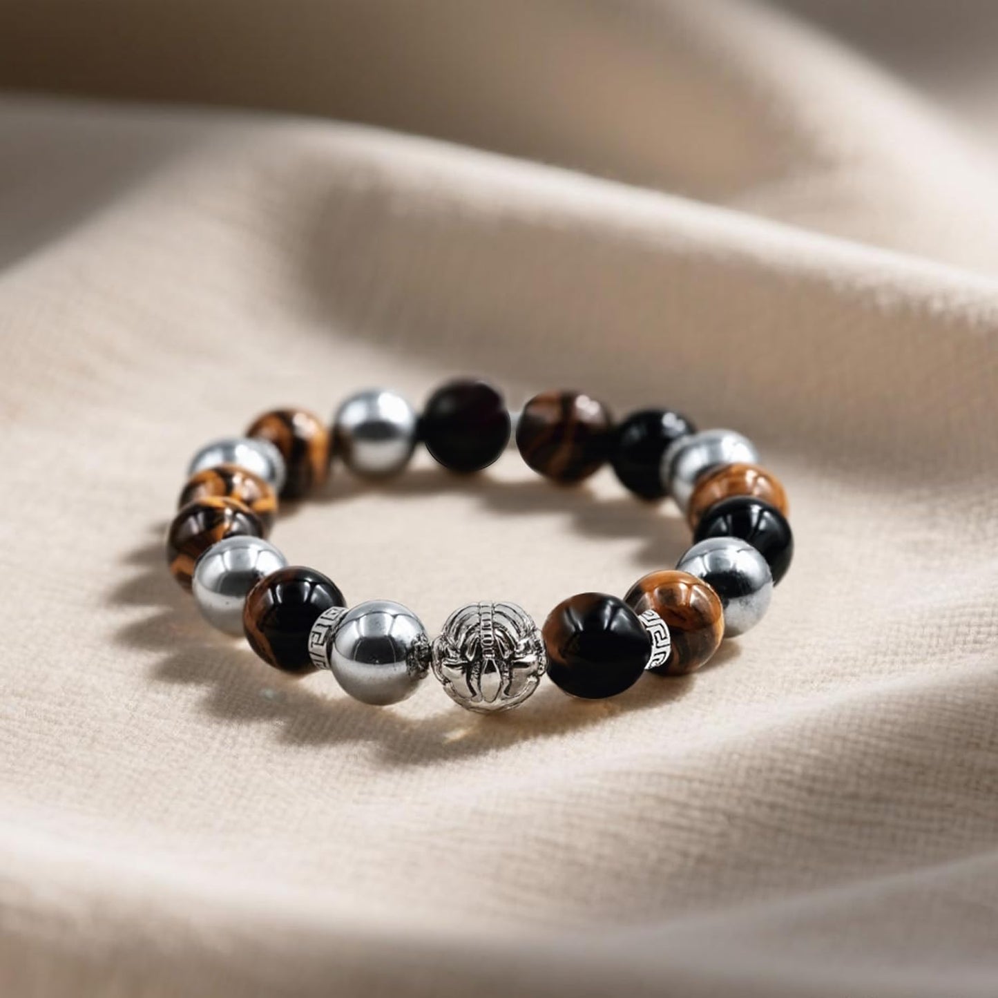 PZTIIY Large 14mm Tiger's Eye Obsidian Hematite Triple Protection Bracelet - Lucky Spacers Unisex Stretch Bracelet, Blessing Healing Jewelry, Great Gift Choice for Parents/Partners/Employees