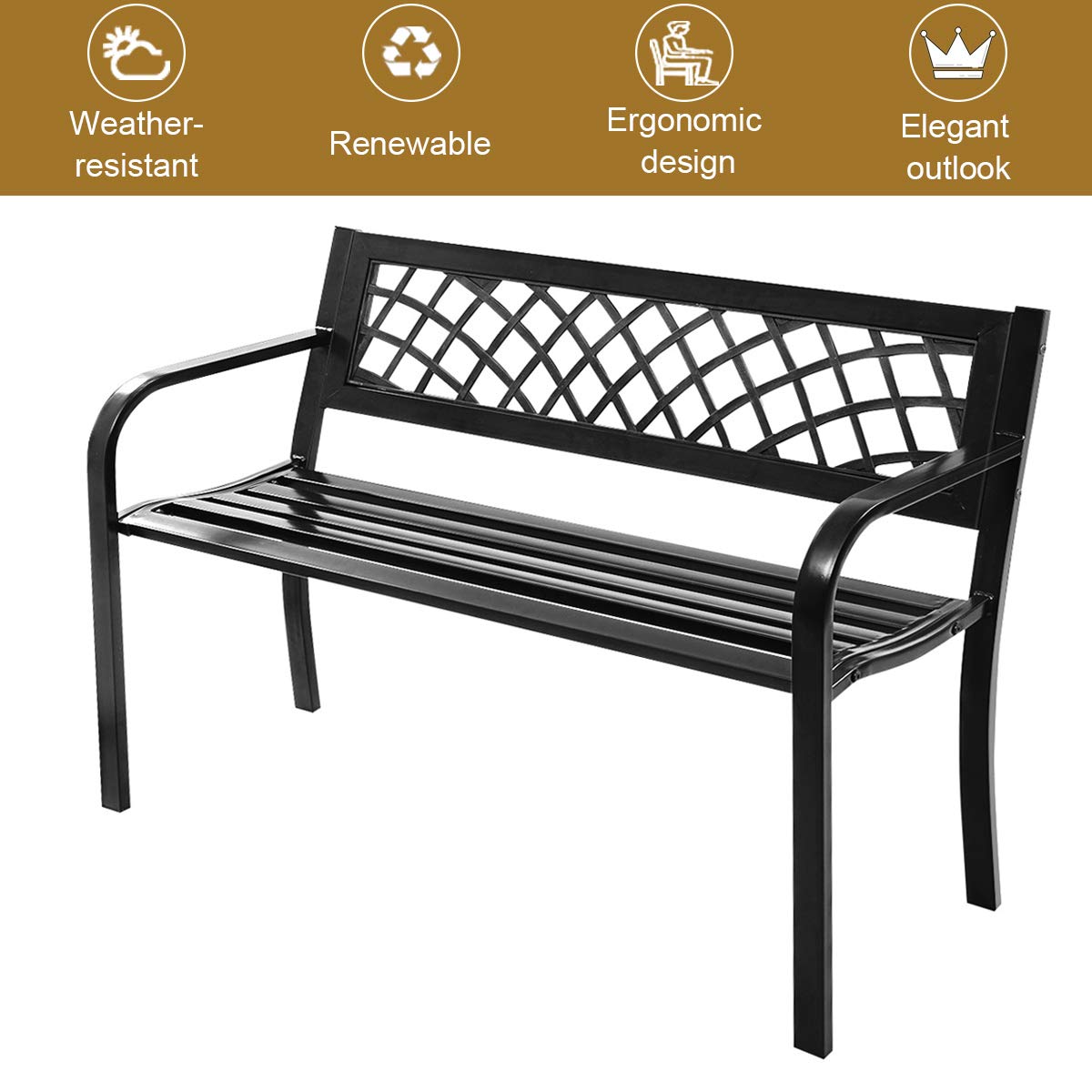 Tangkula Outdoor Garden Bench Park Bench with Steel Frame & PVC Backrest, Park Bench with Large Seat for 2-3 People, Patio Furniture Chair for Yard, Balcony, Porch & Poolside, Garden Welcome Bench