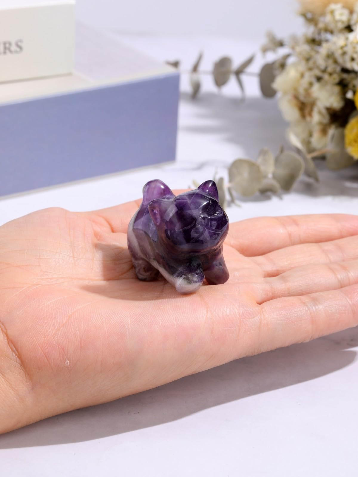 Top Plaza Amethyst Crystal Cute Cat Figurine Gifts Carved Healing Lucky Home Decor Natural Gemstone Cats Collectibles Pocket Sculpture for Cat Lovers