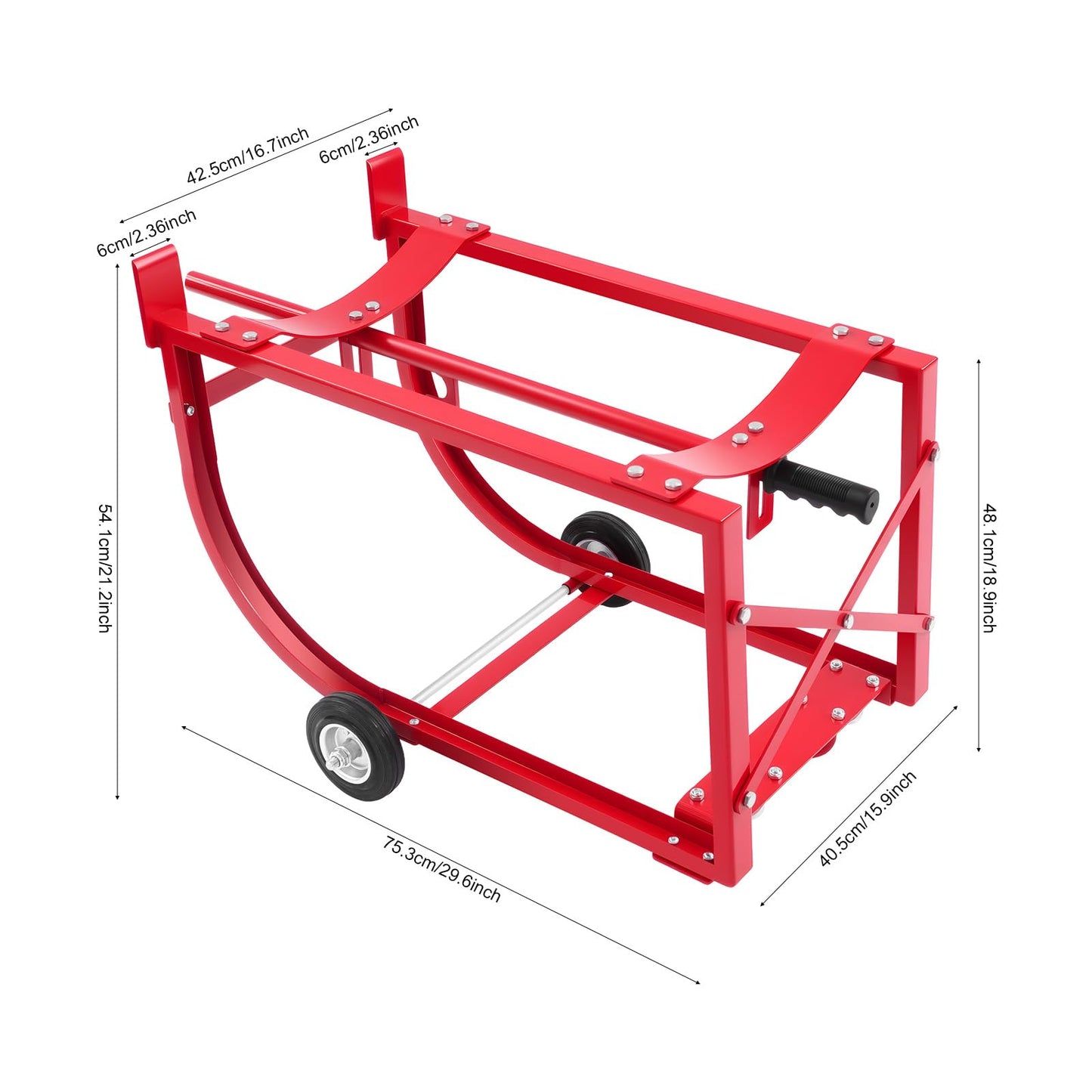 55 Gallon Drum Cradle, 600lbs Capacity Oil Drum Cart Rack with 4 Wheels and Retractable Drawbar, Steel Round Drum Handling Cradle for Workshops, Factories, Warehouses