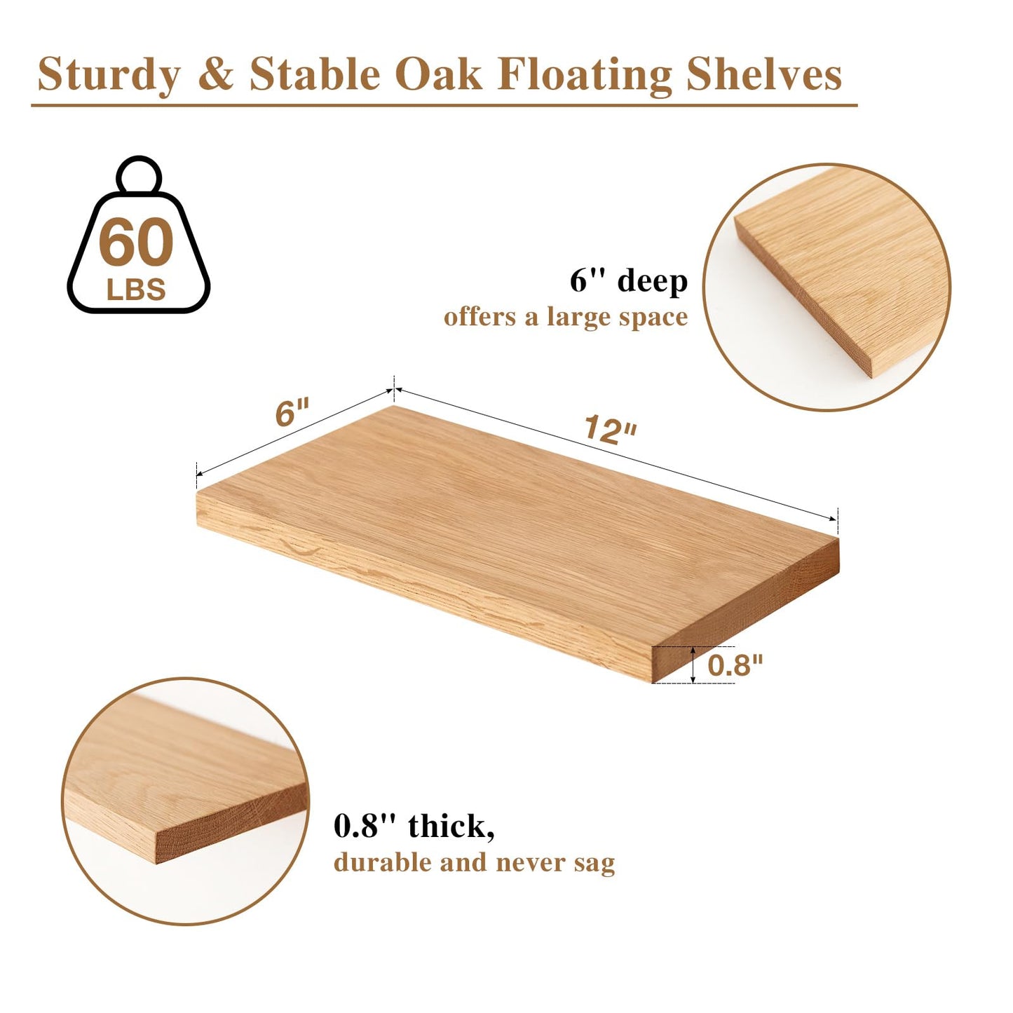 Sikflmi Oak Floating Shelves Rustic Wood Wall Shelves for Storage, Wall Mounted Wooden Display Shelf Wide for Living Room Bedroom Kitchen Bathroom (12 inch)