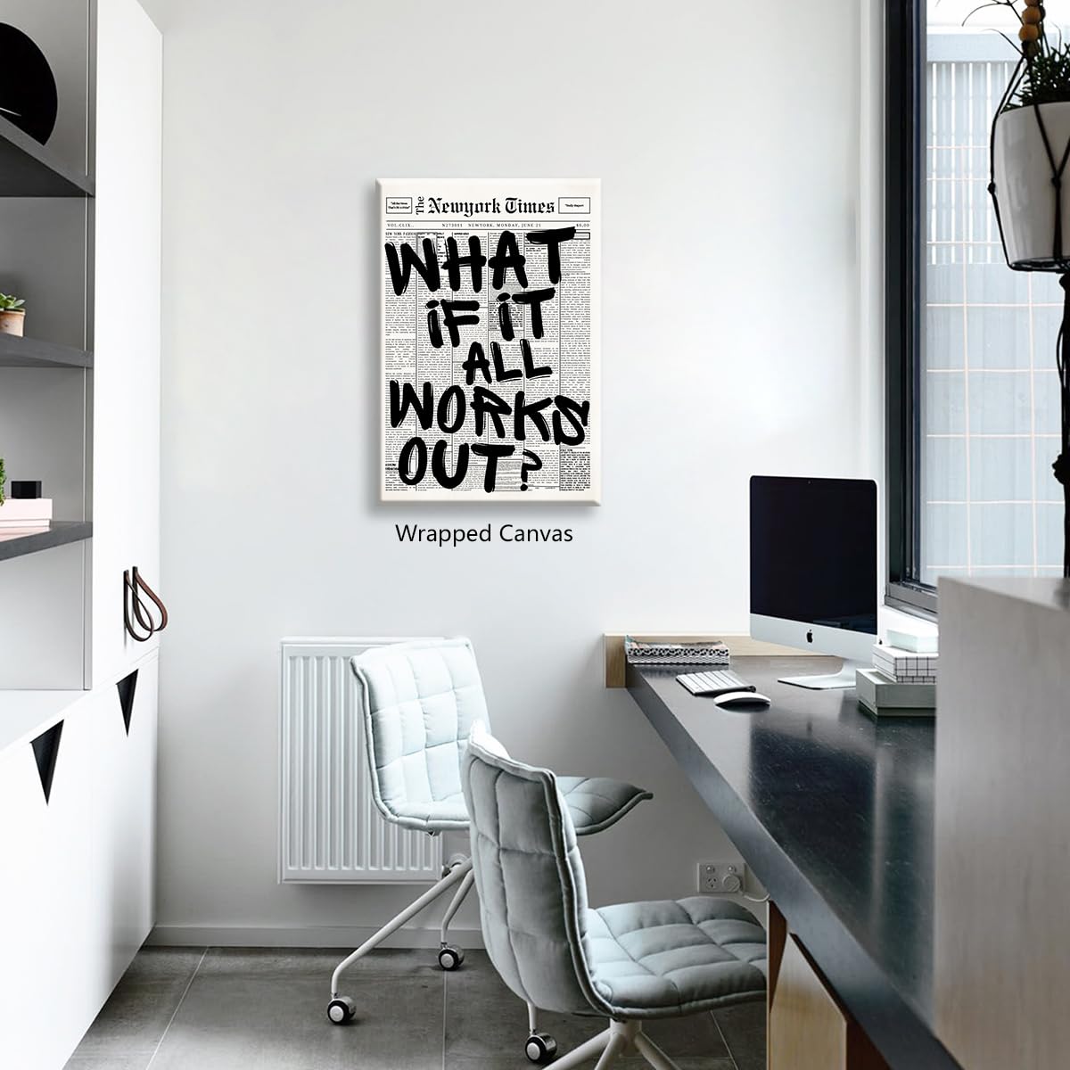 What If It All Works Out Canvas Wall Art, Black and White Newspaper Aesthetic Poster, Positive Affirmations Wall Decor, Daily Inspirational Quote Typography Print for Bedroom 8x12in Unframed