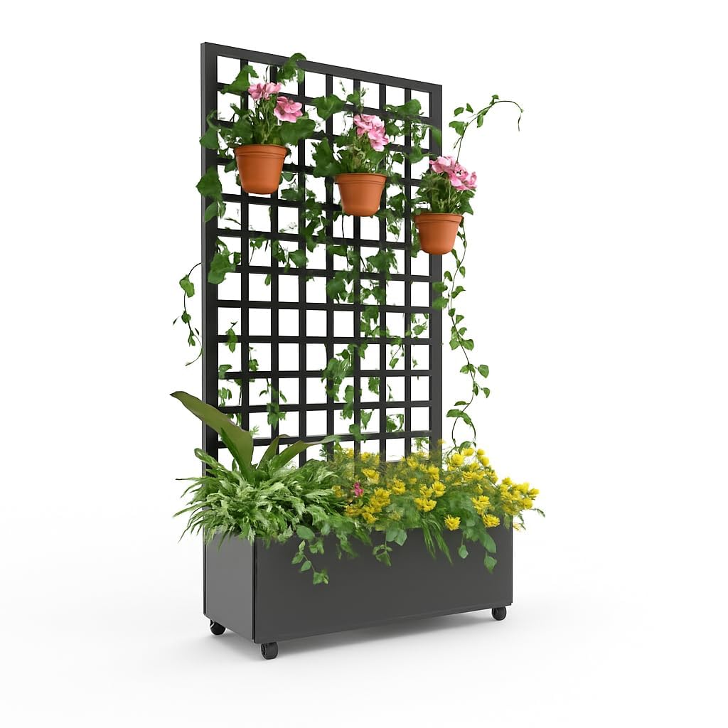 Metal Raised Garden Bed with Trellis and Wheels, 72"x47" Planter Box for Climbing Plants, Vegetables & Vines, Features Drainage Holes and Privacy Screen