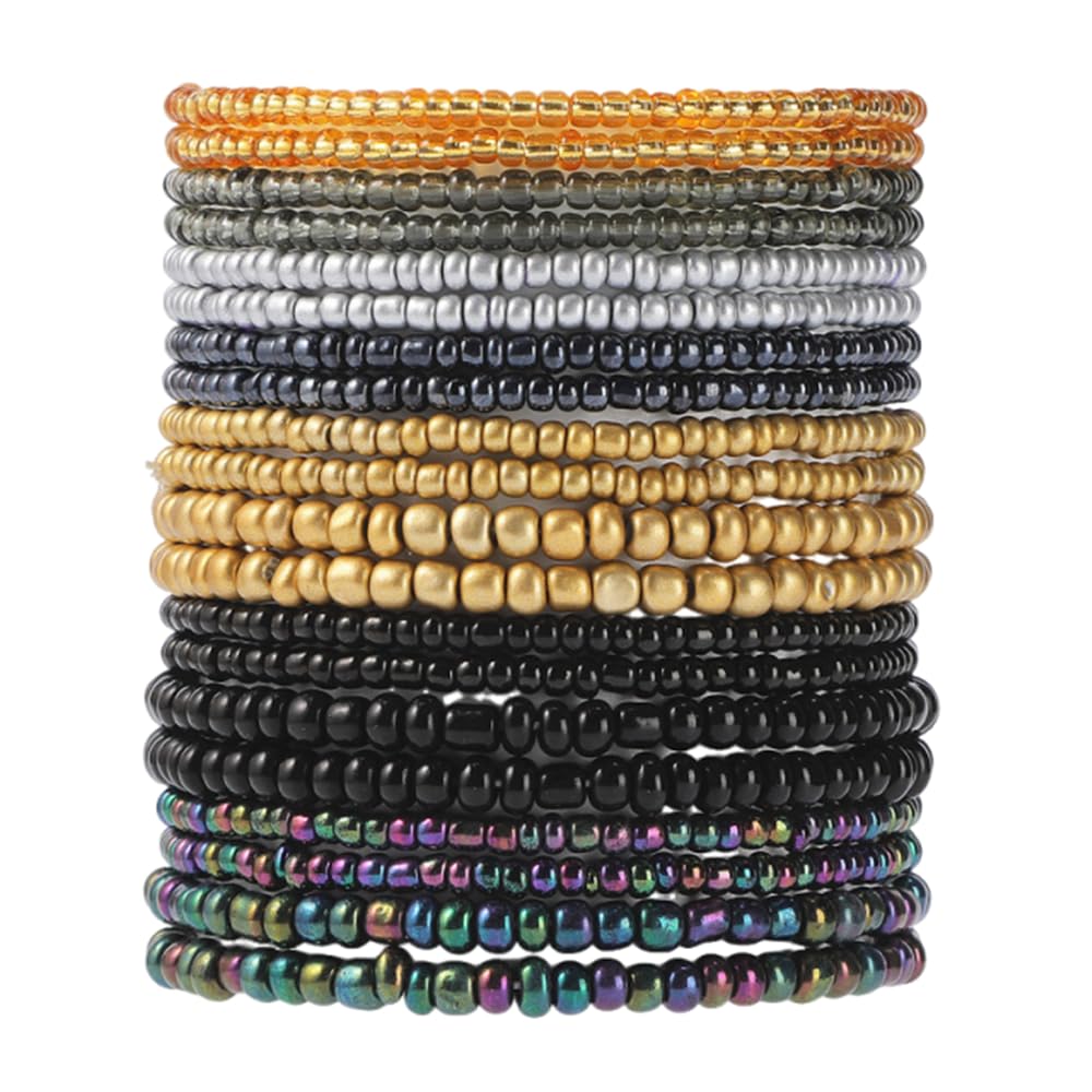 xuzhiyuan Boho Colorful Stackable Crystal Glass Beads Stretch Bracelets Multilayered Bracelets for Women Bohemian Jewelry-Black 20pcs