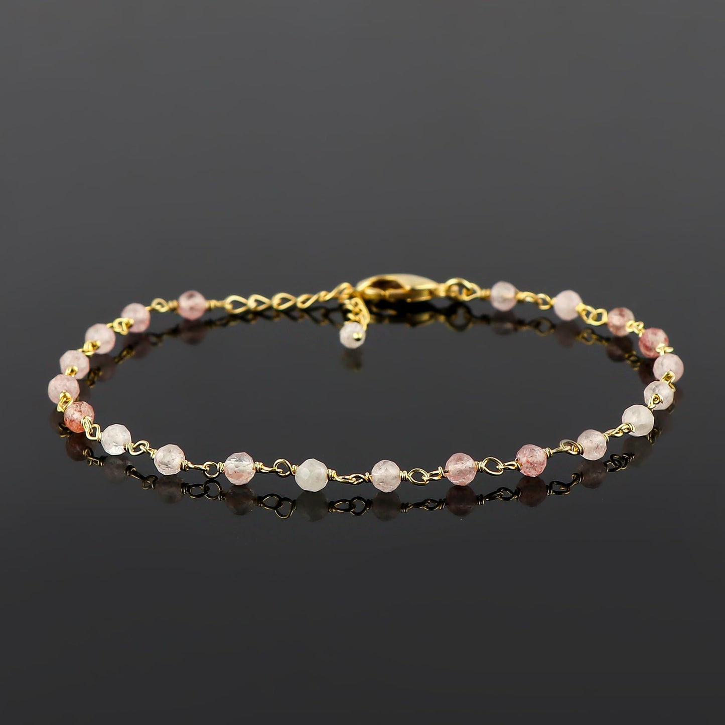 CRYSTALINES Natural Strawberry Quartz Gemstone Cluster Bracelet, Handmade Boho Jewelry for Women, 14K Gold Plated Rosary Chain Beads, Healing Crystals & Stones, Birthday Christmas Gift 8"