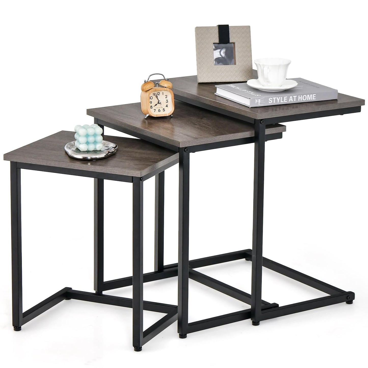 Tangkula Nesting Table Set of 3, Rectangle Stacking Side End Table w/Wood Top & Metal Legs, Adjustable Foot Pads, C-Shaped Accent Coffee Tables for Small Spaces, Living Room (C-Shaped, Gray, 3-pc)