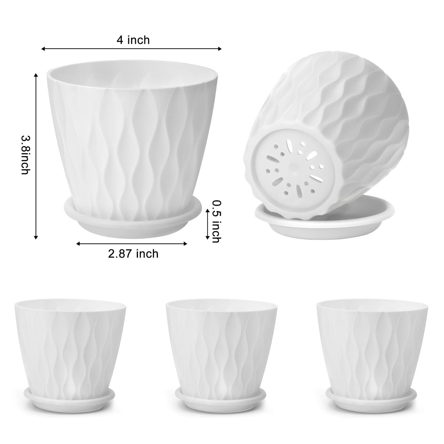 YNNICO 4 inch Plant Pots, 5 Pack Flower Pots Outdoor Indoor, Planters with Drainage Holes and Tray Saucers（White）