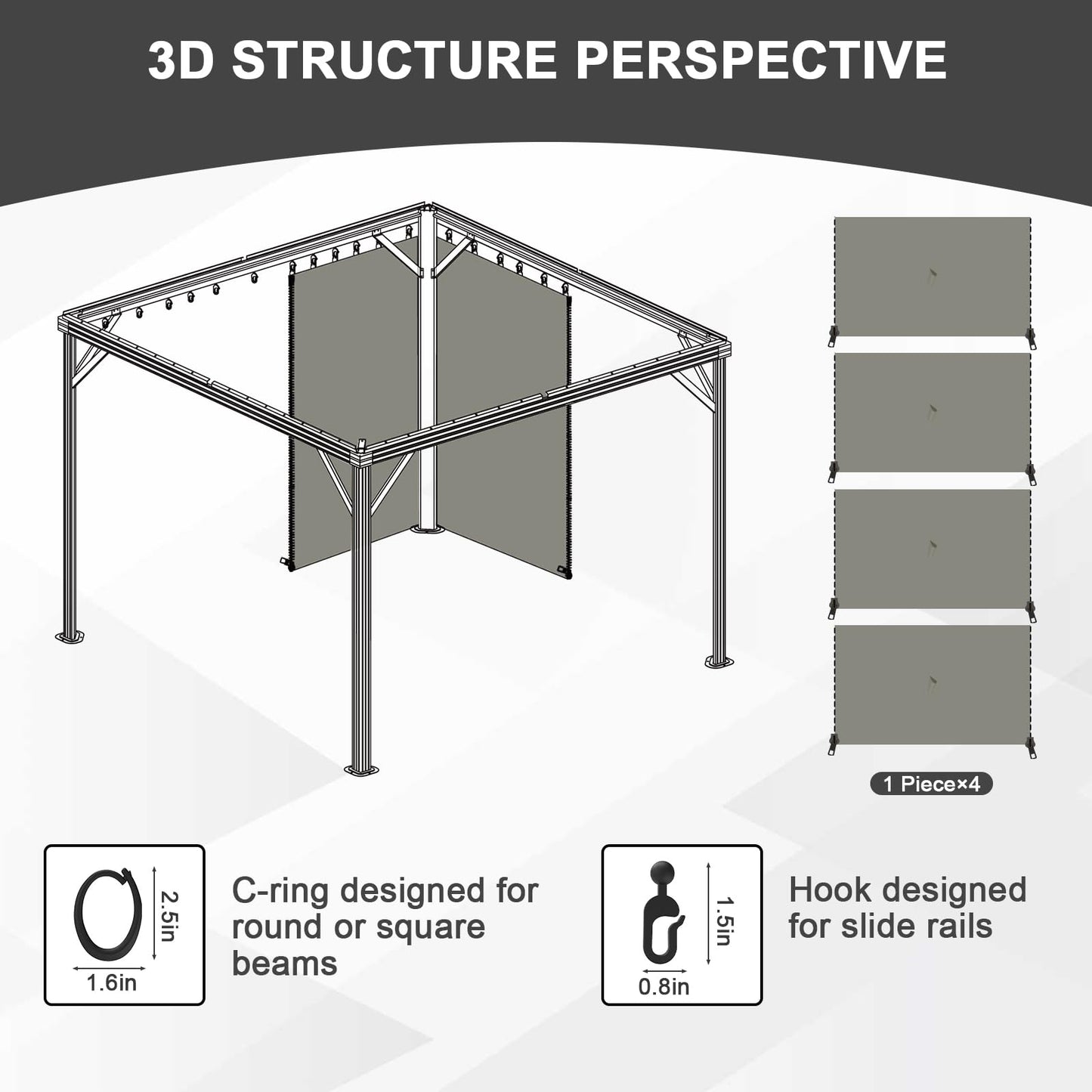 Aoodor 10x12 ft Outdoor Gazebo Curtains, 4 Panels Waterproof Privacy Sidewall Replacement with Zipper for Patio Pergola and Canopy, Gray