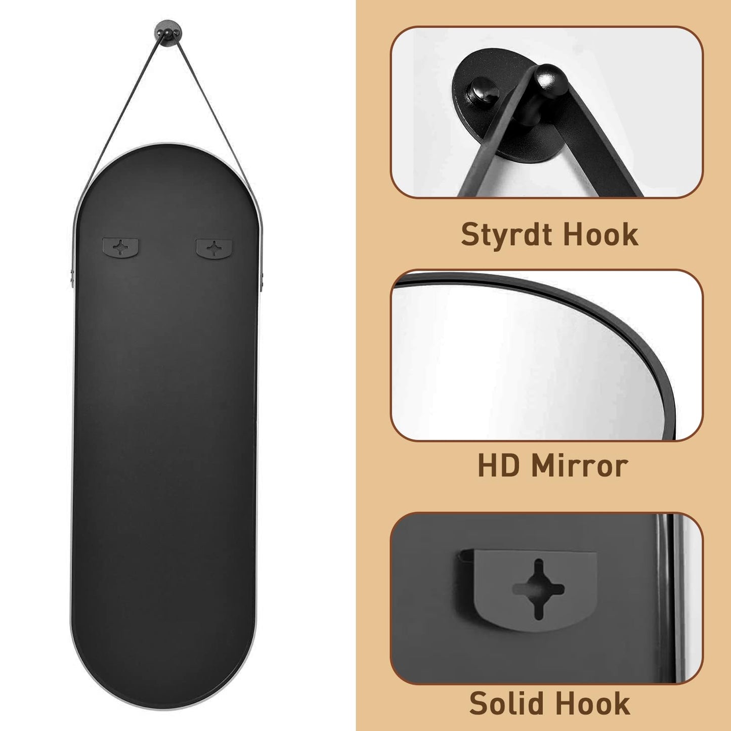 ZMYCZ Full Length Mirror, Oval Wall Mounted Mirror, 48"x16" Door Mirrors Full Length with Hanging Leather Strap with Aluminum Frame for Bathroom Living Room Entryway (Black)