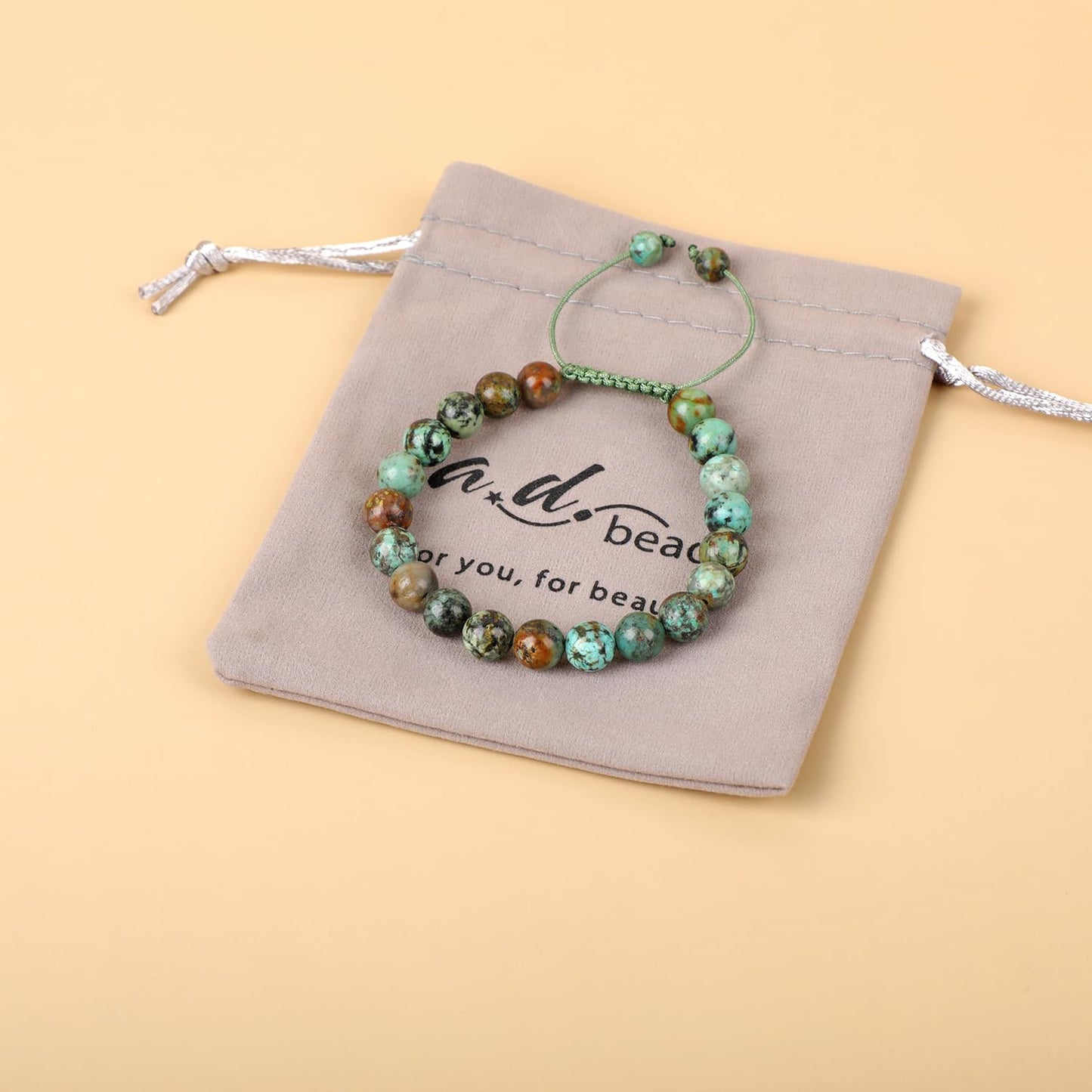AD Beads Natural 8mm Gemstone Bracelets Healing Power Crystal Macrame Adjustable 7-9 Inch (African Turquoise)