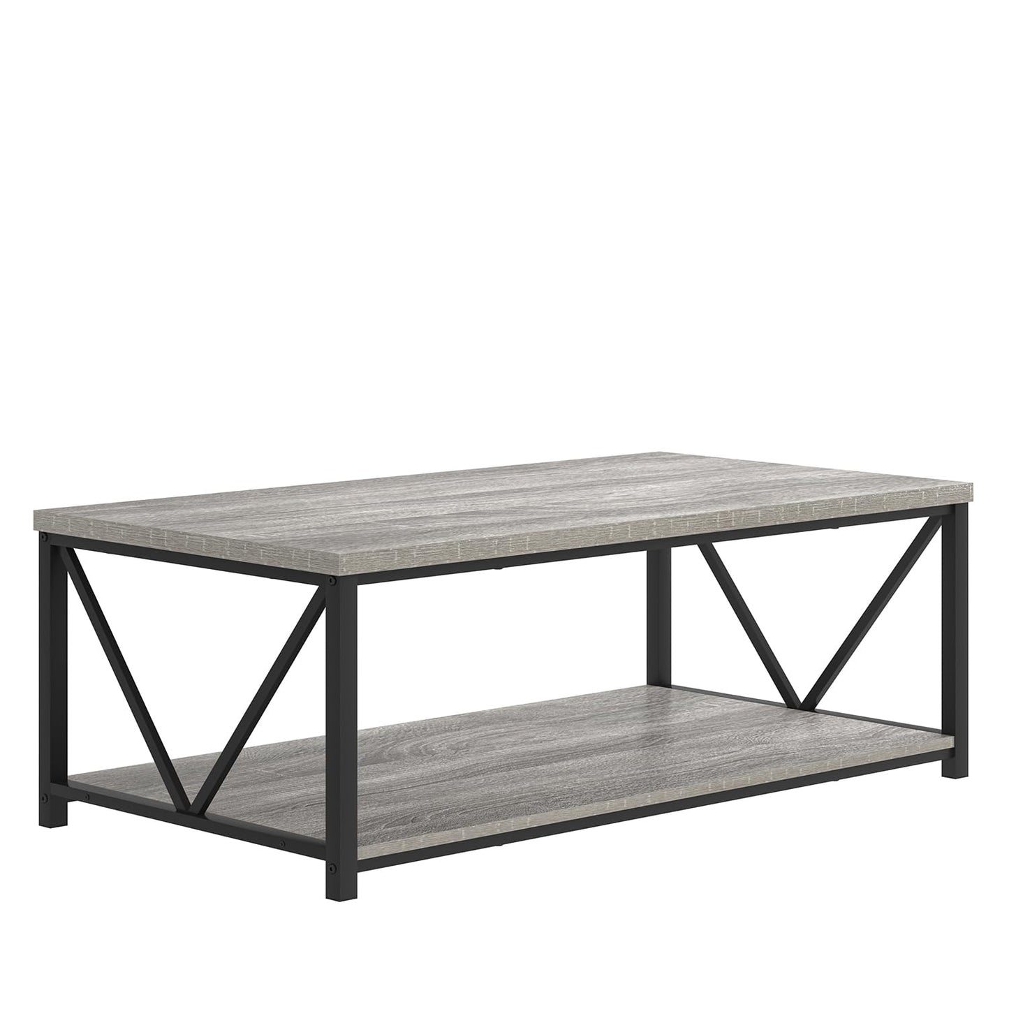 FOLUBAN Coffee Table, Modern Rectangle Living Room Table with Storage Shelf, Rustic Wood and Metal Center Table, Light Grey, 47 Inch