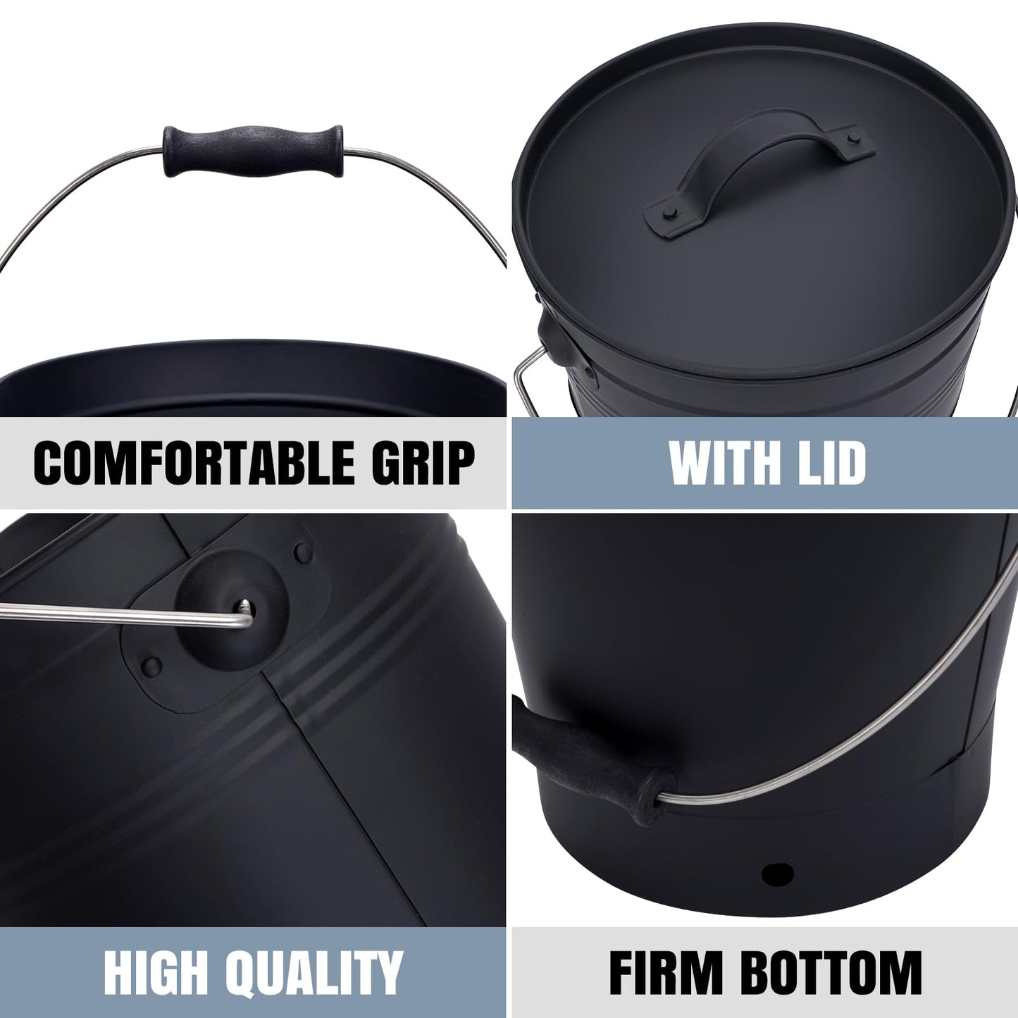 INNO STAGE Ash Bucket with Lid and Wood Handle Coal Shovel, Ash Carrier Pail Fireplace Tools,Fire Pit,Wood Burning Stove Black