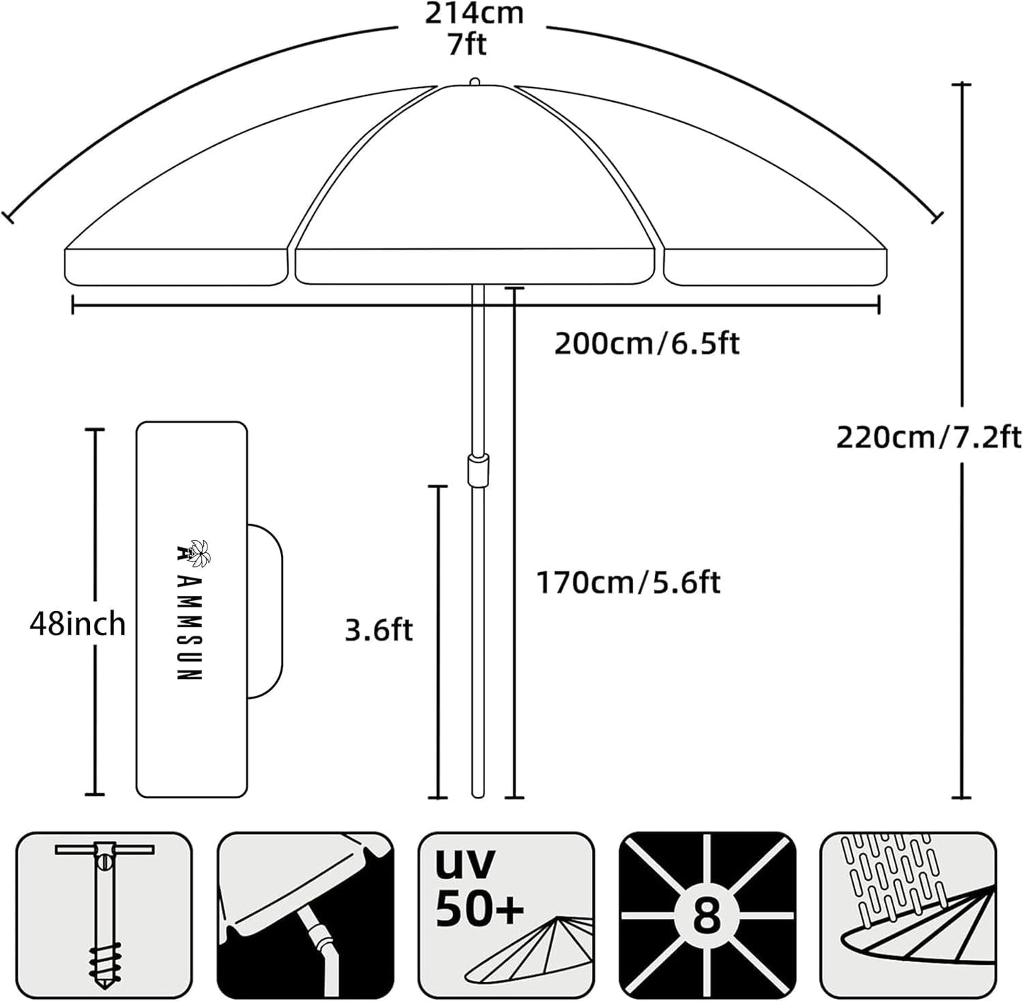 AMMSUN 7ft Heavy Duty HIGH Wind Beach Umbrella with sand anchor & Tilt pole Sun Shelter, UV 50+ Protection Outdoor Sunshade Umbrella with Carry Bag for Patio Garden Beach Pool Backyard Blue