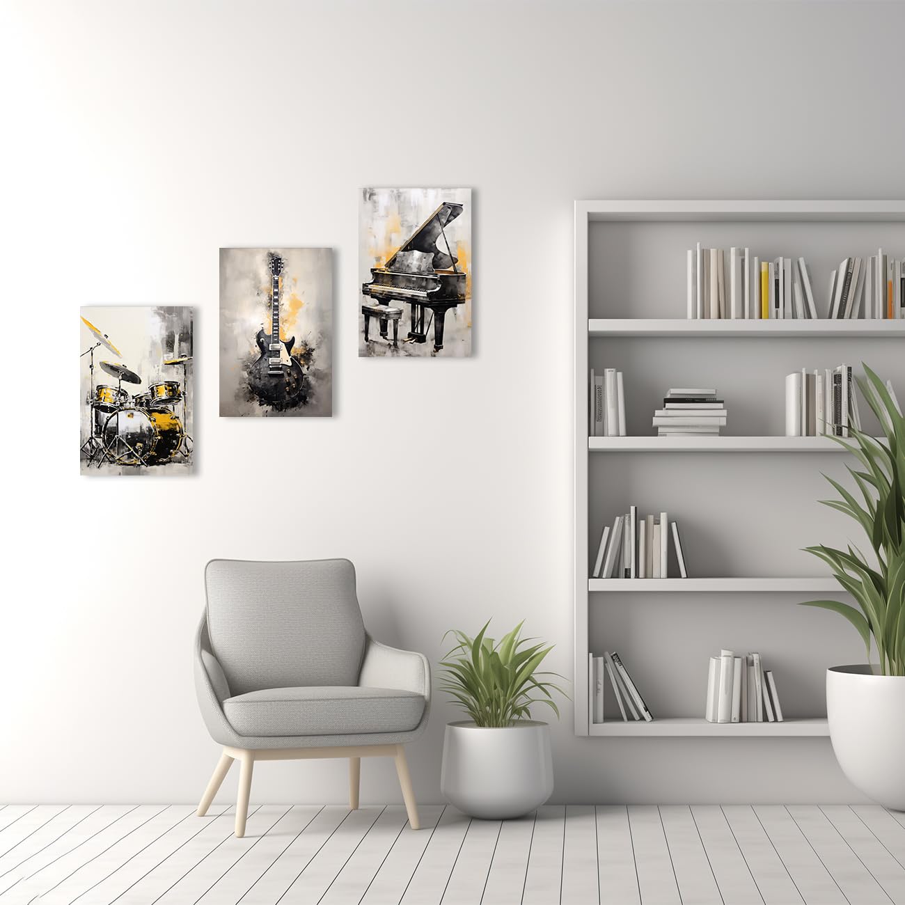 QIXIANG Music Canvas Wall Art for Music Lover Gift 3 PCS Black and Gold Guitar Piano and Drum Set Picture Prints for Music Studio Home Decor Framed (A, 11.00" x 14.00" x3Pcs)