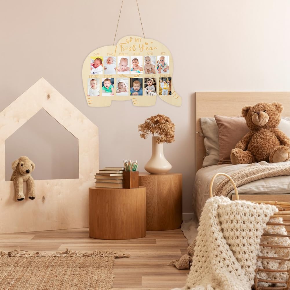 XIHUADOU My First Year Picture Frame – One-Year Photo Board for Baby, 12-Month Collage Keepsake with Stand, Gender Neutral Design for Baby Showers, New Mom Gifts & Nursery Decor (Elephant Sign)