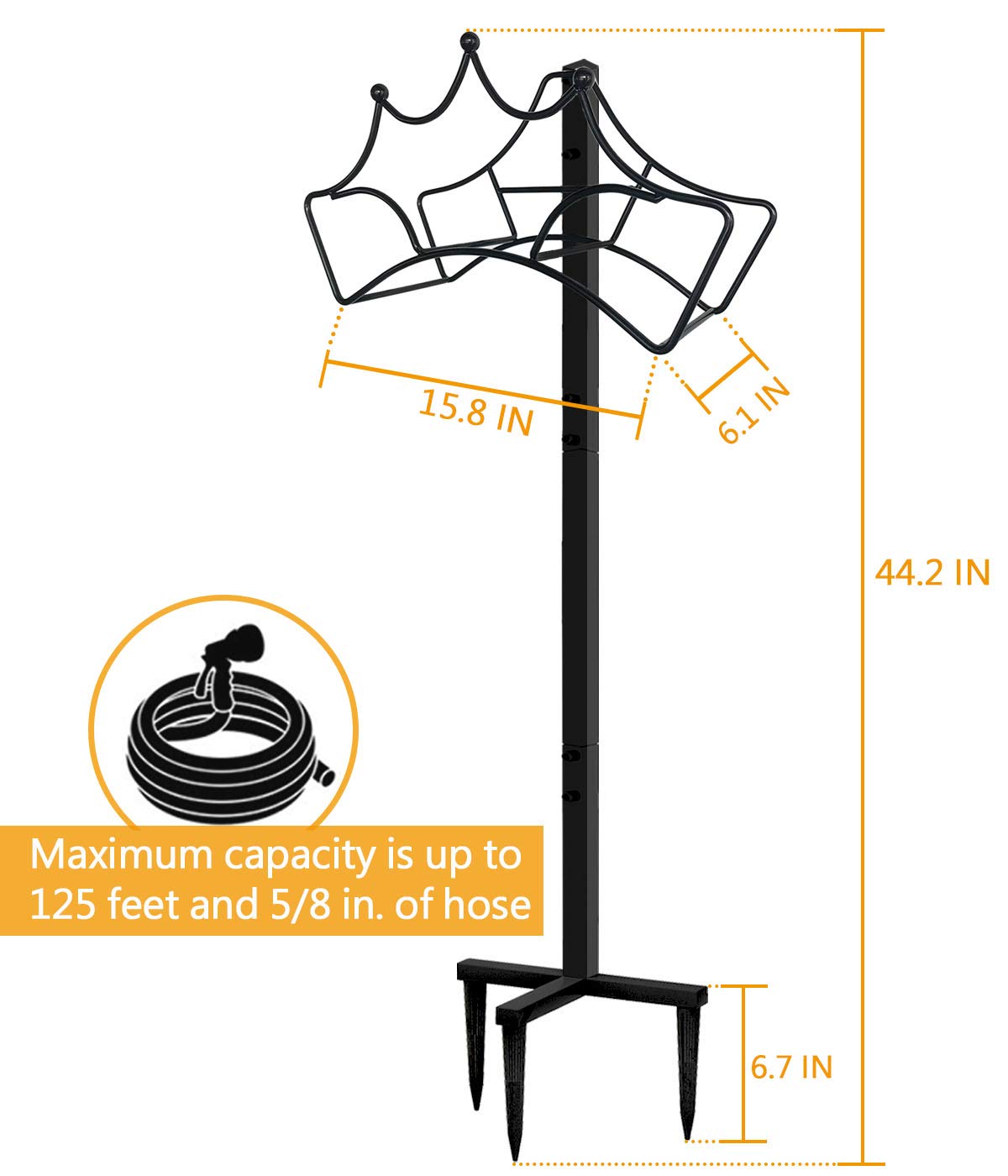 Garbuildman Freestanding Garden Hose Stand Holder - Metal Water Pipe Reel Rack for Outdoor, Shiny Black