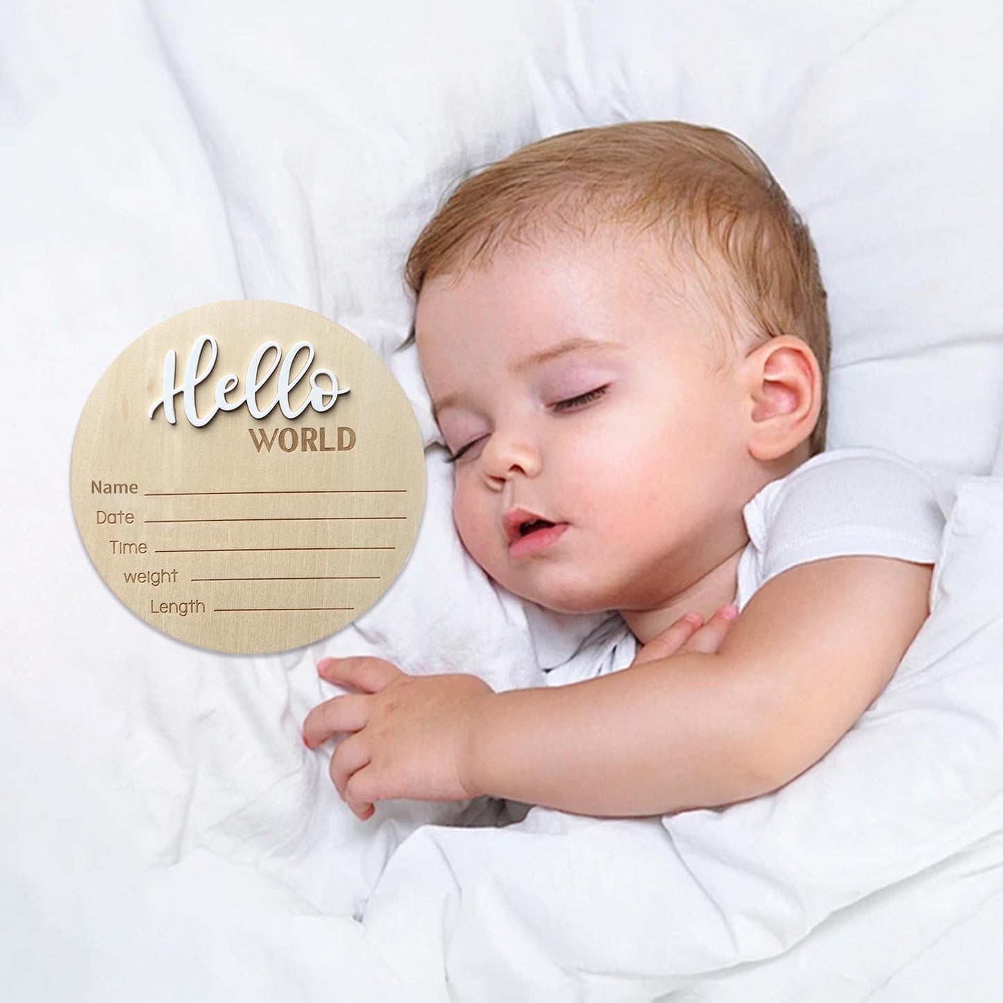 Baby Announcement Sign, 5.9 Inch Wooden Hello World Newborn Welcome Sign, Birth Announcement Sign for Hospital, Newborn Name Sign Plaques for Photo Props Baby Shower Nursery(White)