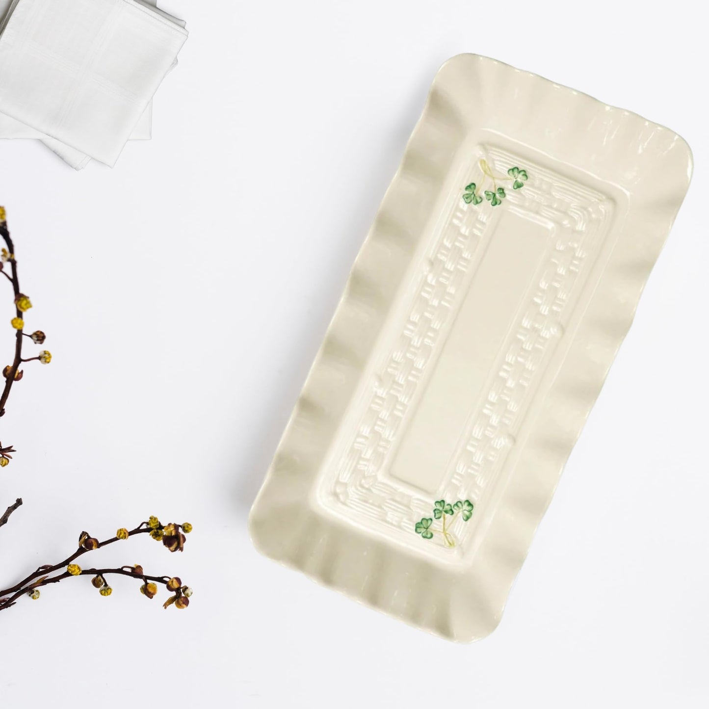 Belleek Shamrock Tray - Fine Parian China White Serving Platter - Handcrafted Appetizer Serving Tray - 12.5 x 6.3 Inches
