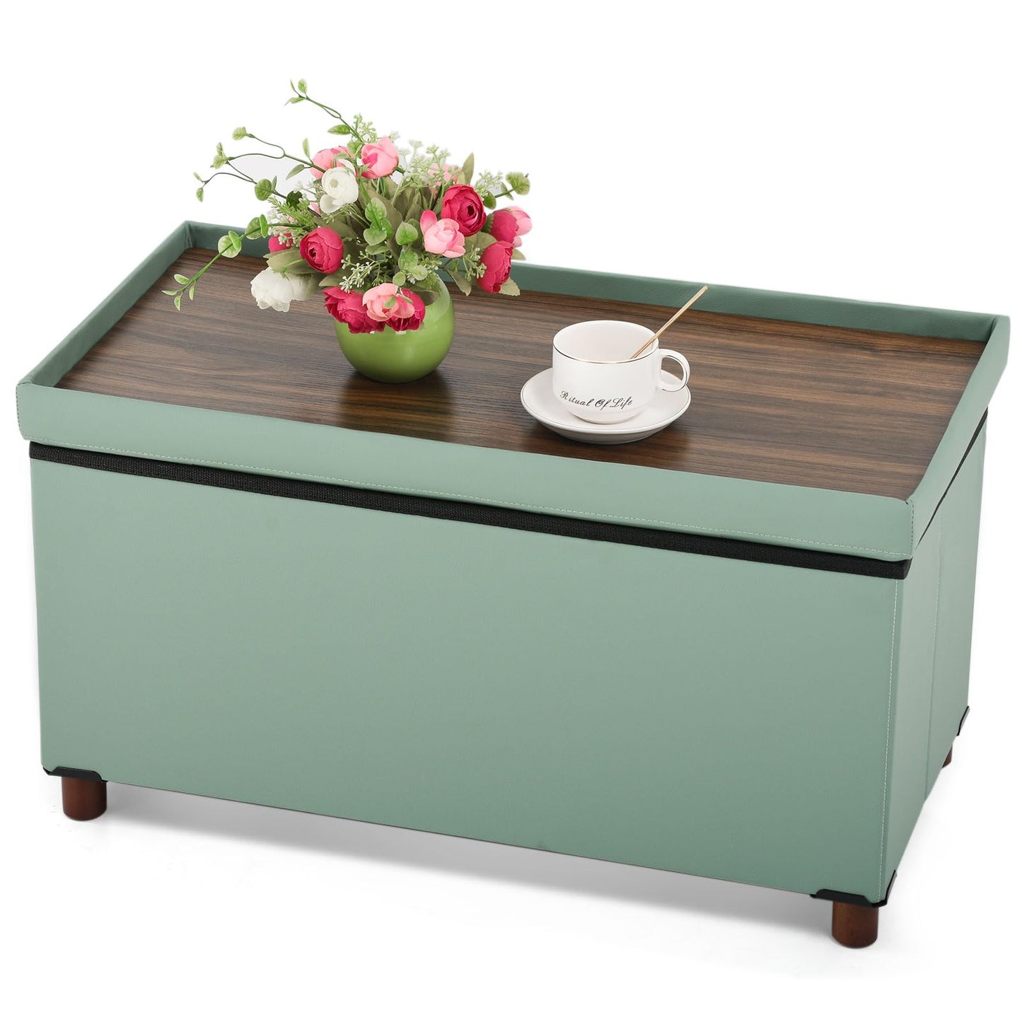 Dorriss Ottoman Storage Bench for Living Room with Tray, Bedroom Foot Stool, Coffee Table Lid, Footstool with Legs, End of Bed - Faux Leather, 30" Inch (L-Blue)