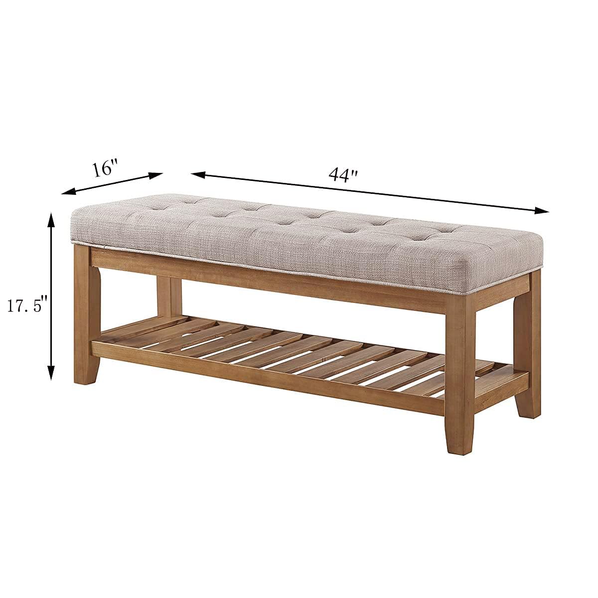 24KF Large Rectangular Upholstered Tufted Linen Fabric Ottoman Bench, Padded Bench with Solid Wood Shelf-Linen