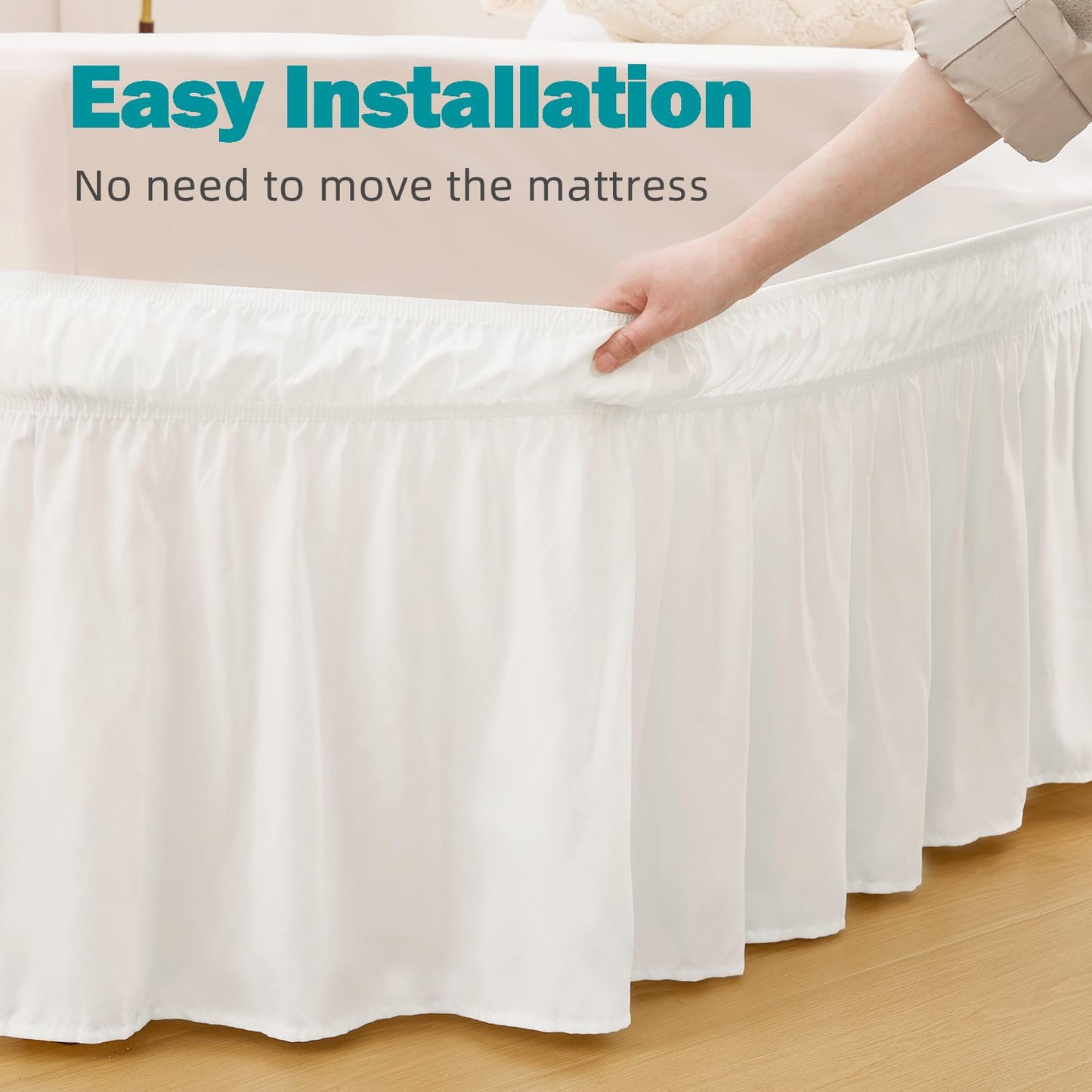 Vocander White Queen Size Bed Skirt 14 Inch Drop, Elastic Wrap Around Dust Ruffle Bed Skirting Easy to Install, Adjustable Tailored Bedskirts Fade & Wrinkle Resistant, Bedroom Decor
