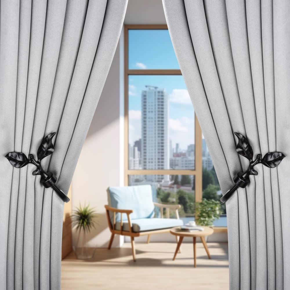 SUQ I OME 1 Pair of Leaf Shaped Curtain Holdbacks Metal Curtain Side Holders for Wall, Antique Brass Curtain Tieback Hook Pull Backs for Drapes Window Home Decoration,Black