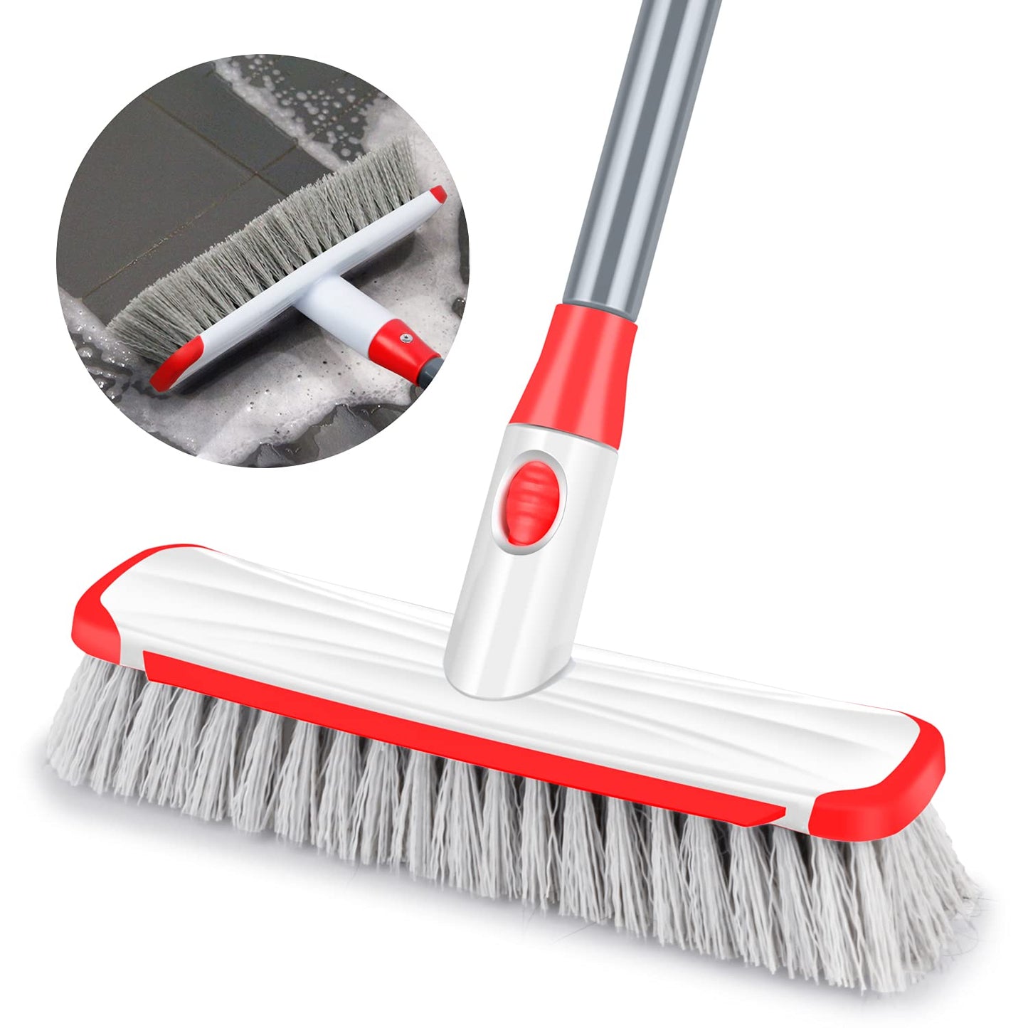 Floor Scrub Brush with Long Handle, Scrubbing Brush Squeegee Broom for Cleaning, 2 in1 Stiff Bristle Shower Scrubber Floor Squeegee for Pool Wall Tile(White)