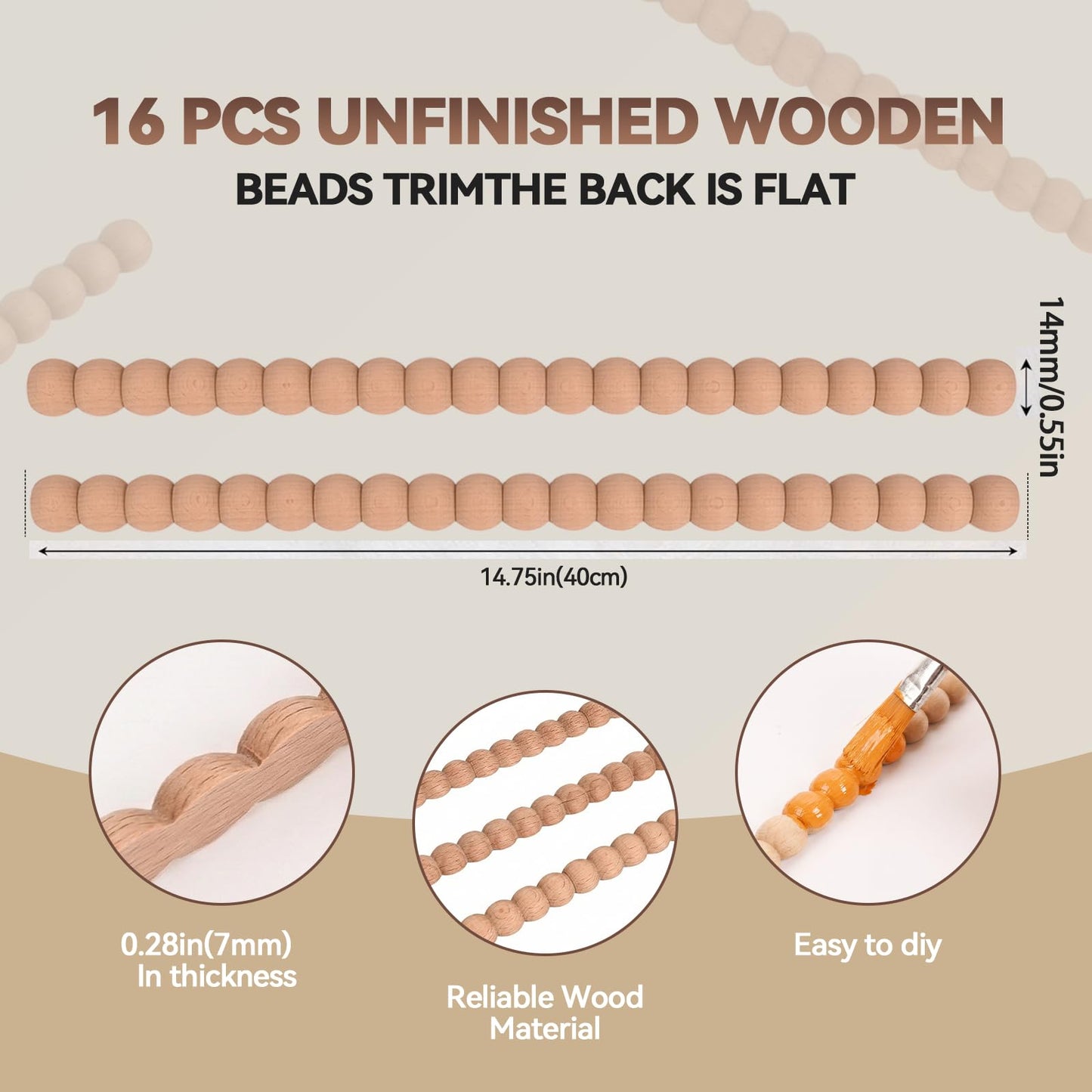 Jikvmis 15. 75 Inch Unfinished Wood Beaded Trim ，Cute Decorative Beaded Wood Trim HLF Woden Bads Tim Mlding for Home Wall Cabinet Shelf Window Door (0.55“ (14mm) x8pcs)
