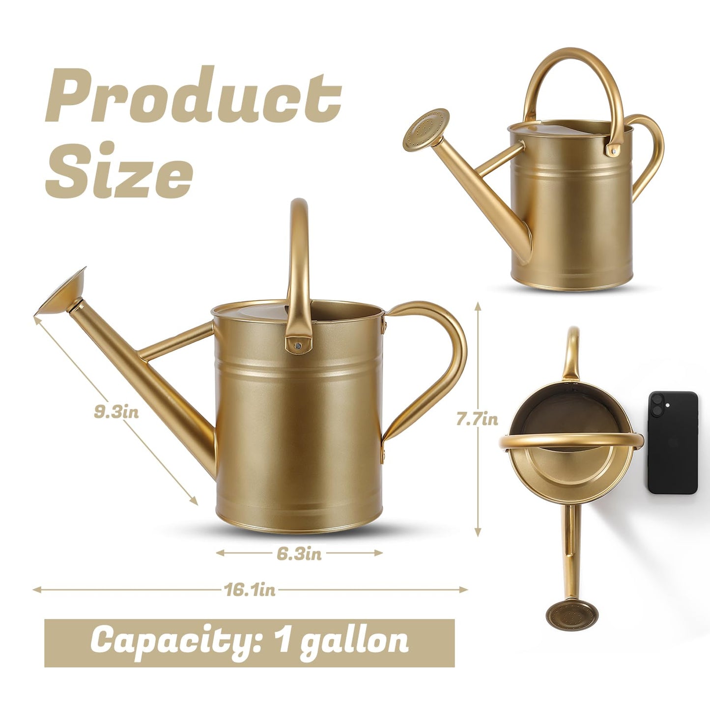 1 Gallon Watering Can for Plants, Watering Cans for Indoor&Outdoor Gardening, Galvanized Steel Watering Pot with Removable Spout, Metal Water Can with Ergonomic Movable Handle(Gold)