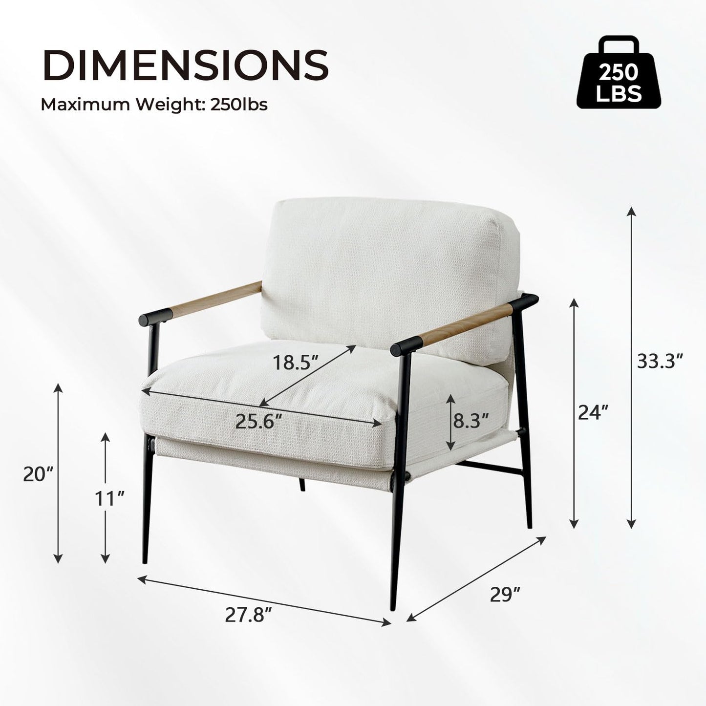 Accent Chair Mid Century Modern Armchair for Living Room,Bedroom,Office,Lounge Comfy Chenille Upholstered Soft Removable Washable Cushions and Pillows,Metal Wood-Grain Armrest Legs,White