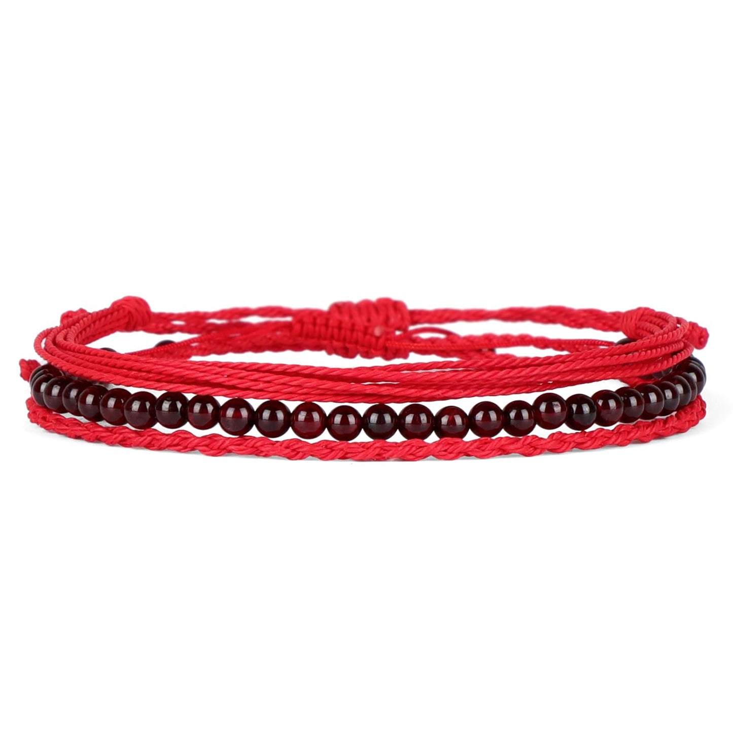 QOGIR Handmade Healing Bracelets,4mm Natural Red Garnet Gem Stone Beads Bracelet for Men Women Gifts with 2PCS Size Adjustable Rope Bracelets