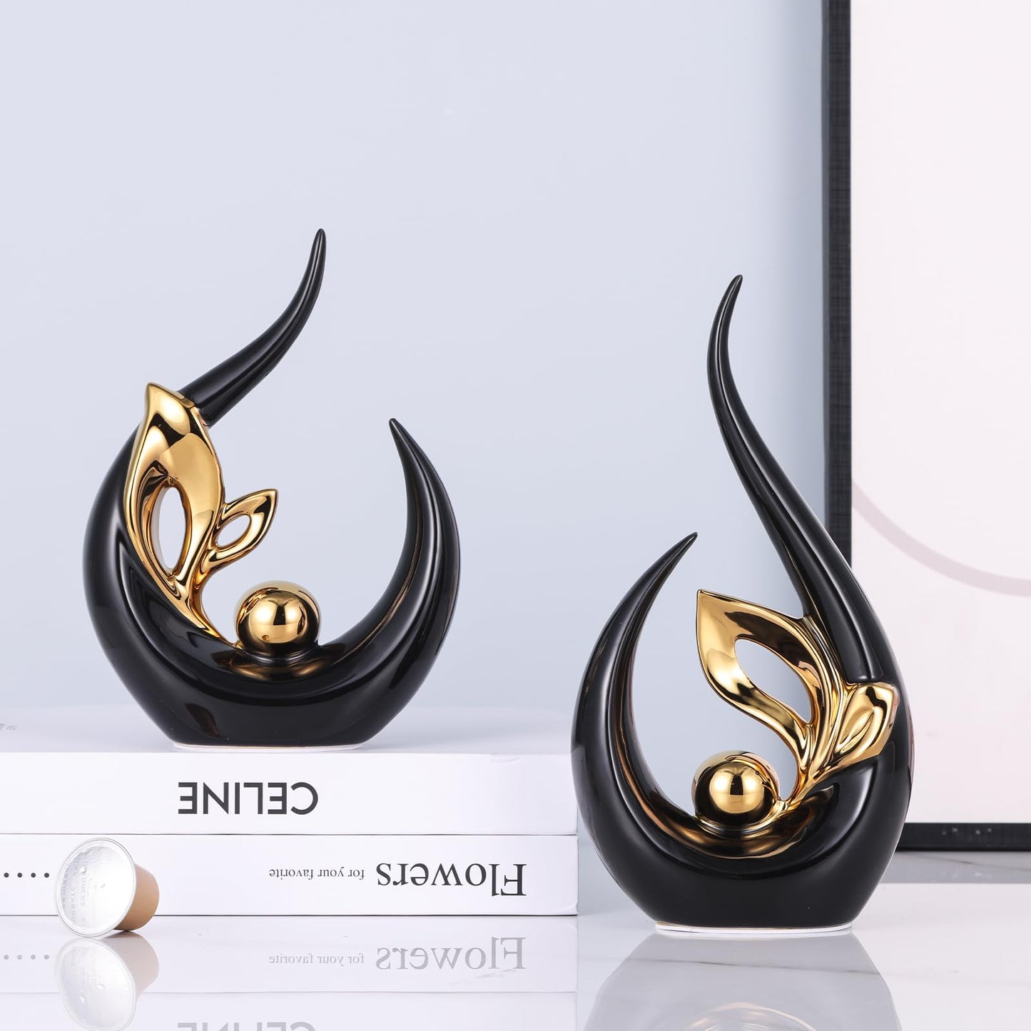 9.4" H Black Gold Abstract Sculptures Home Decor, Ceramic Art Statue Cool Stuff to Put on Shelves&tv Stand Decor, Gold Accent Entertainment Center, for Fireplace Coffee Table Dining Table Decorate