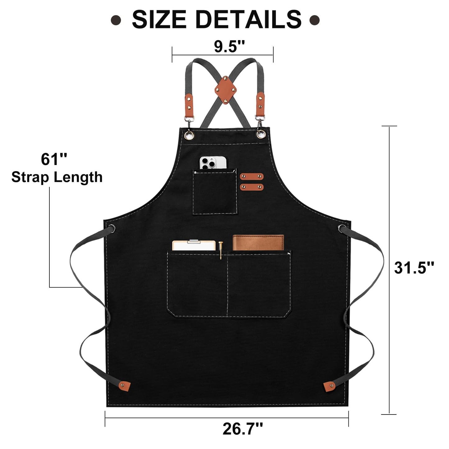 ZOMAO Chef Apron for Women Men with Large Pockets, Cotton Canvas Cross Back Waterproof Work Aprons for Kitchen Cooking Bib (Black)