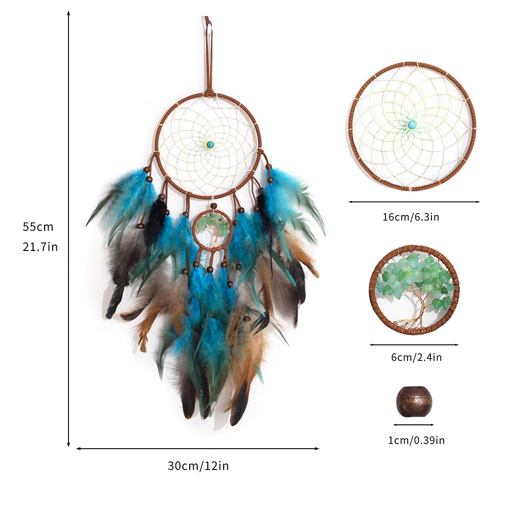 Dream Catcher Blue Tree of Life with Feathers, Handmade Indians Traditional Circular Net for Wall Hanging Decor, Bedroom Kids, Home Decoration Wedding Party Blessing Gift