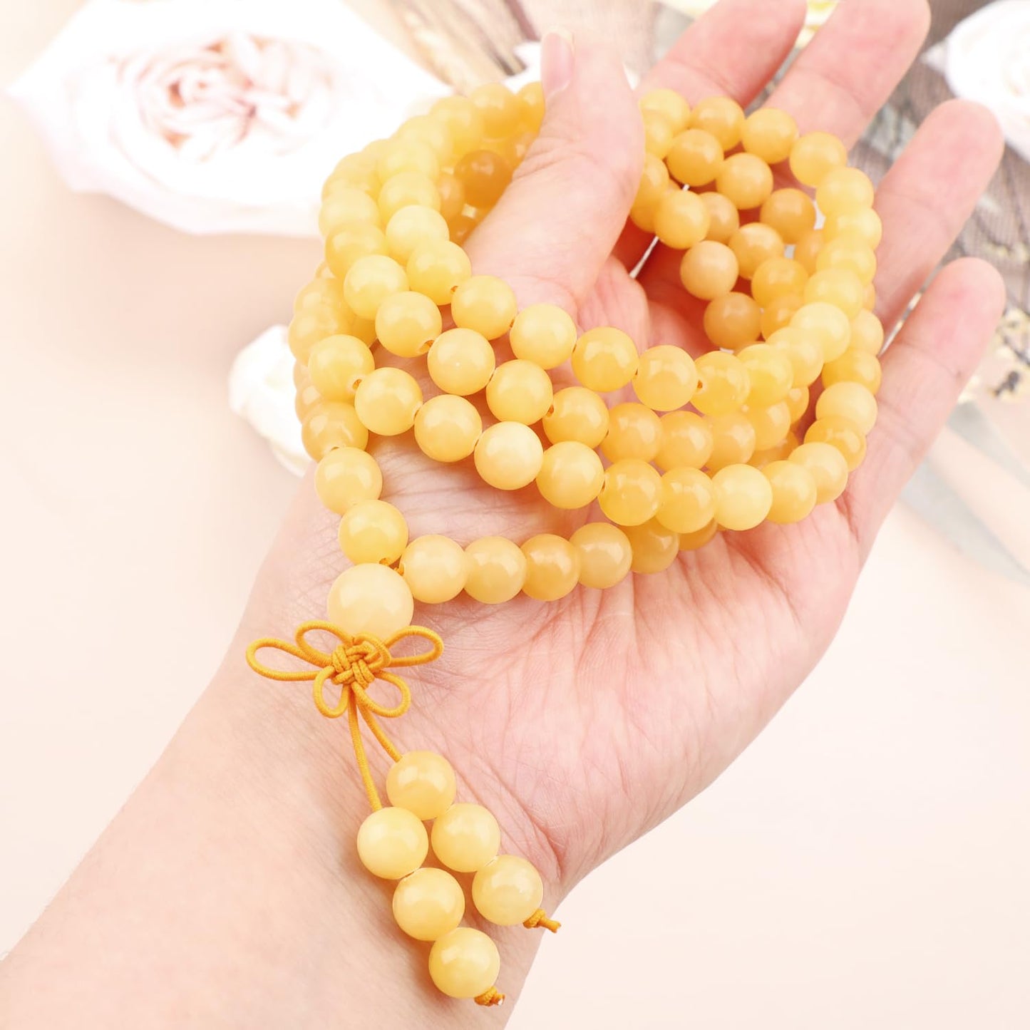 AD Beads 8mm 108 Prayer Mala Yellow jade Elastic Bracelet - Abundance and Joy - Handmade Yoga Meditation Healing Power Energy Gifts for Unisex Adult.