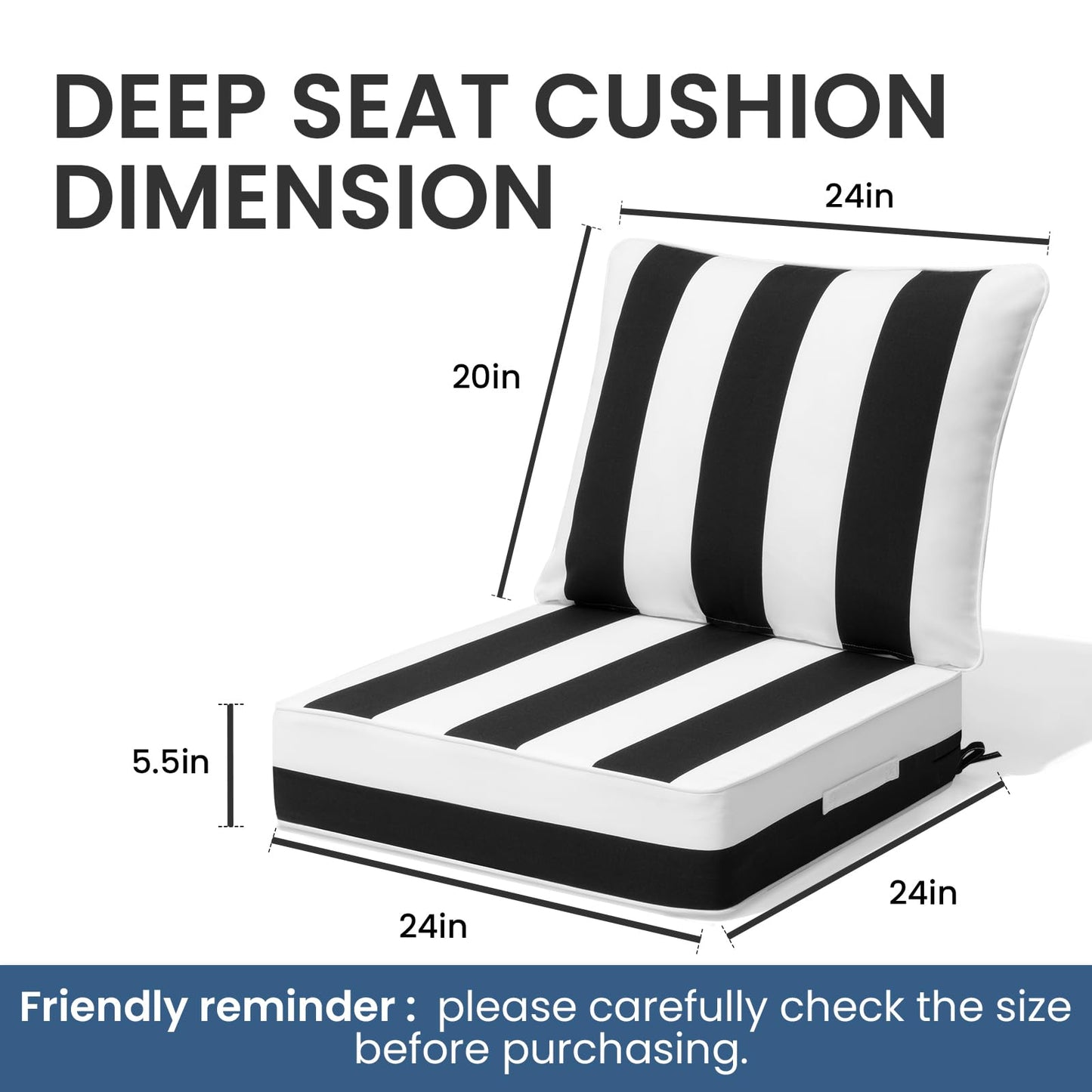CRESTLIVE 5.5" Thick Deep Seat Patio Chair Cushions 24x24 Set of 2, Waterproof Outdoor Replacement Cushions for Wicker Sofa and Couch, Fade Resistant, Black White Striped