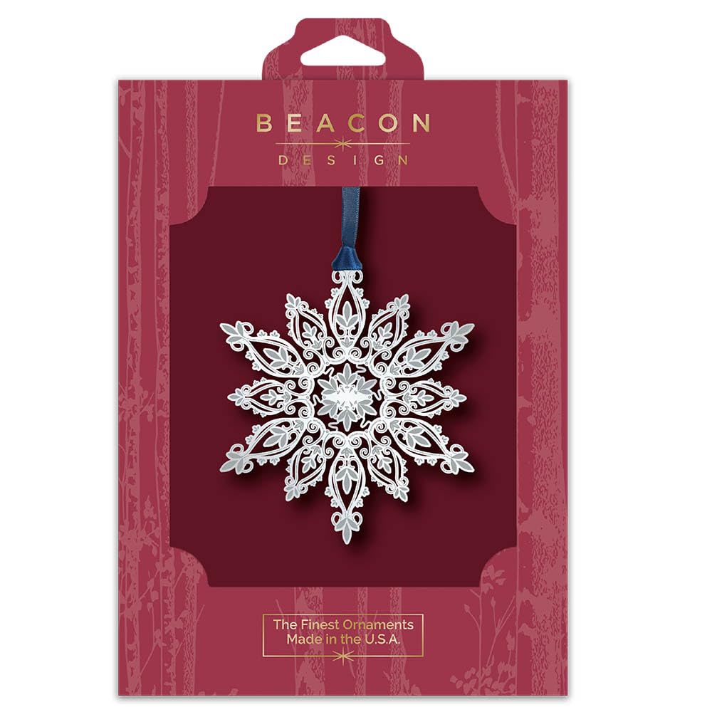 Beacon Design Wondrous Snowflake Hanging Ornament, 3.2" x 3.5", Solid Brass, Rhodium-Plated Finish, Elegant Etched Detailing, Winter Holiday Décor, Made in The USA