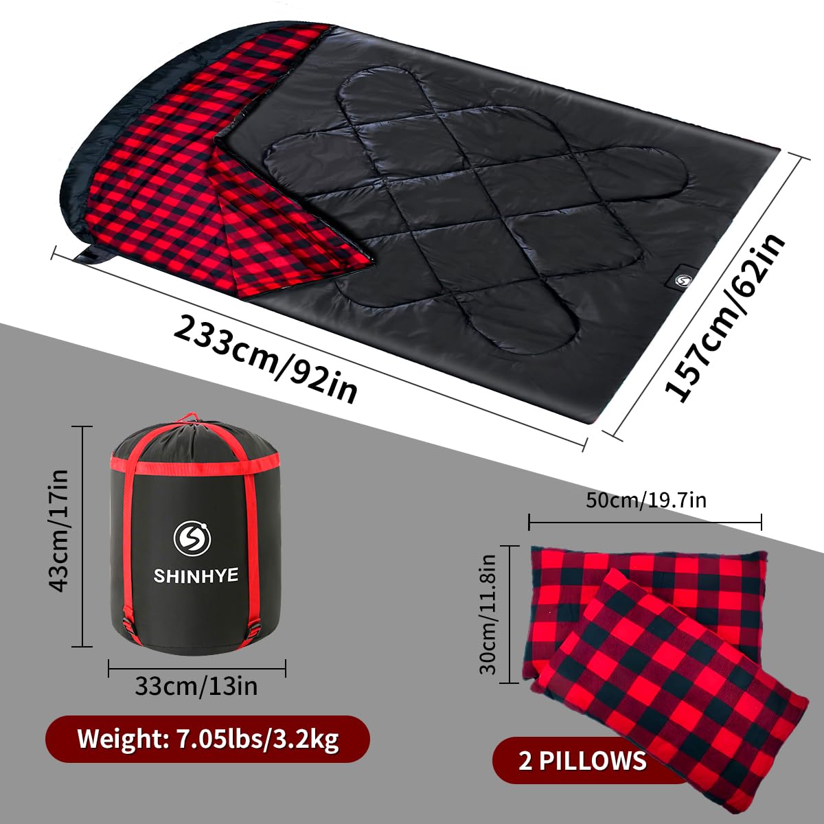 ShinHye Double Sleeping Bag for Adults with 2 Pillows, Camping Sleeping Bags Flannel Cotton 2 Person Sleeping Bags XXL Queen Size Sleeping Bag for Cold Weather (Black Red, 92"×62")