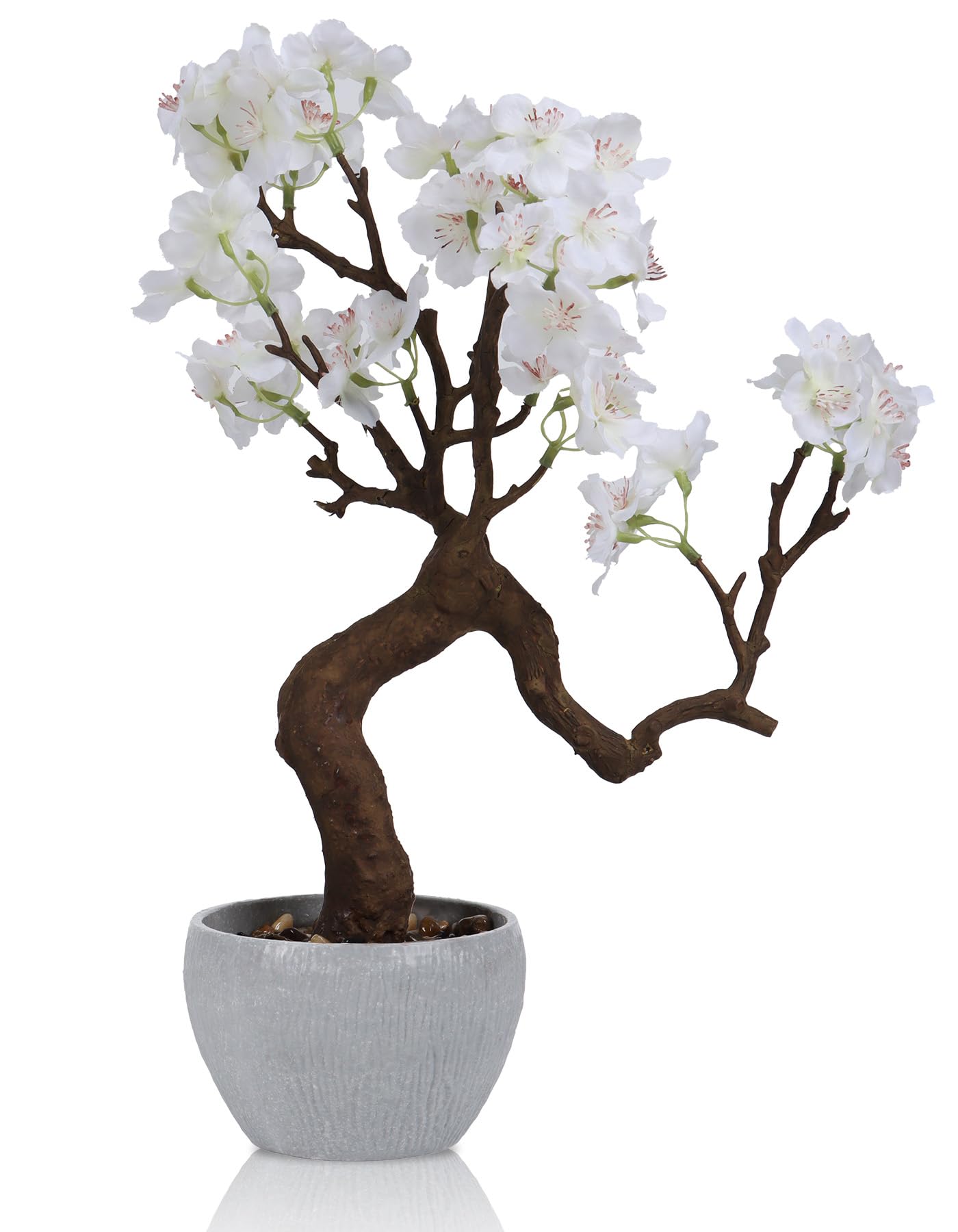 TOARTi Artificial White Cherry Blossom Potted Plant with Stone Pot, 12.2" Tall Fake Flowers Faux Plant Desk Decor, Decorative Plants Indoor Decor for for Home Bedroom Bathroom Office Desk